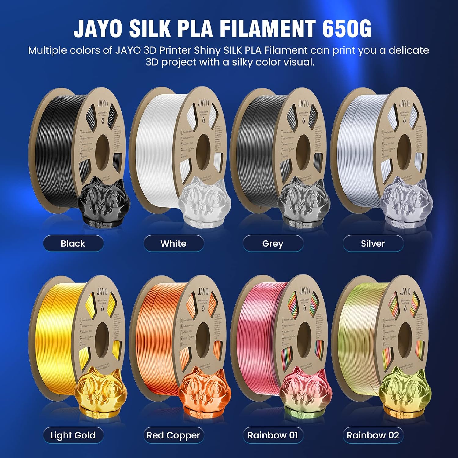 Silk PLA 3D Printer Filament 1.75mm, JAYO Silk PLA 0.65kg 3D Printing Material Bundle, Silky Shiny Surface, Neatly Wound Filament, Fits for Most FDM 3D Printers, Silk 8 Colors*650G