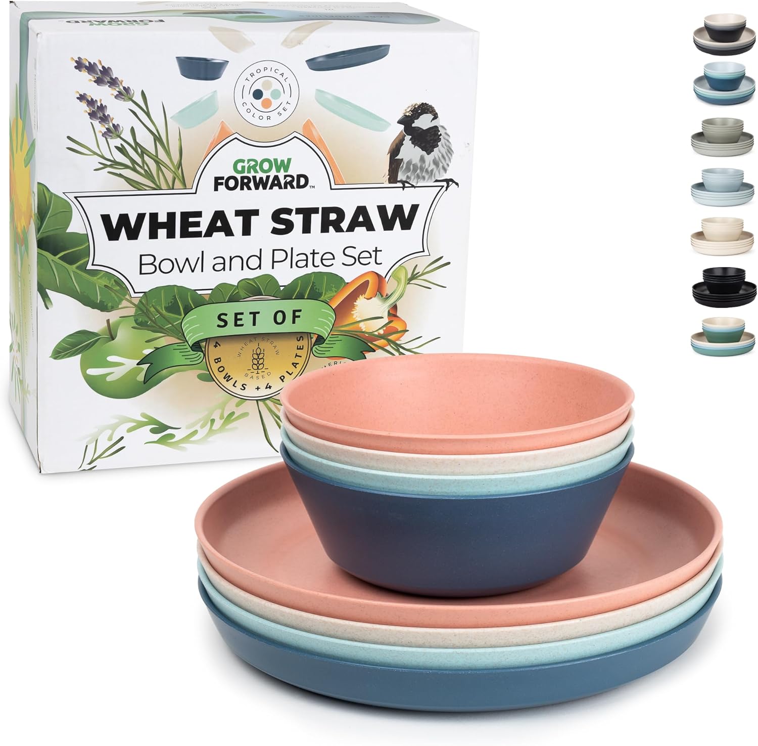 Grow Forward Premium Wheat Straw Plates and Bowls Sets – 8-Piece Wheat Straw Dinnerware Sets – Unbreakable & Reusable Microwave Safe Plastic Dinner Plates for Outdoors, RV, Camping Dishes – Tropical