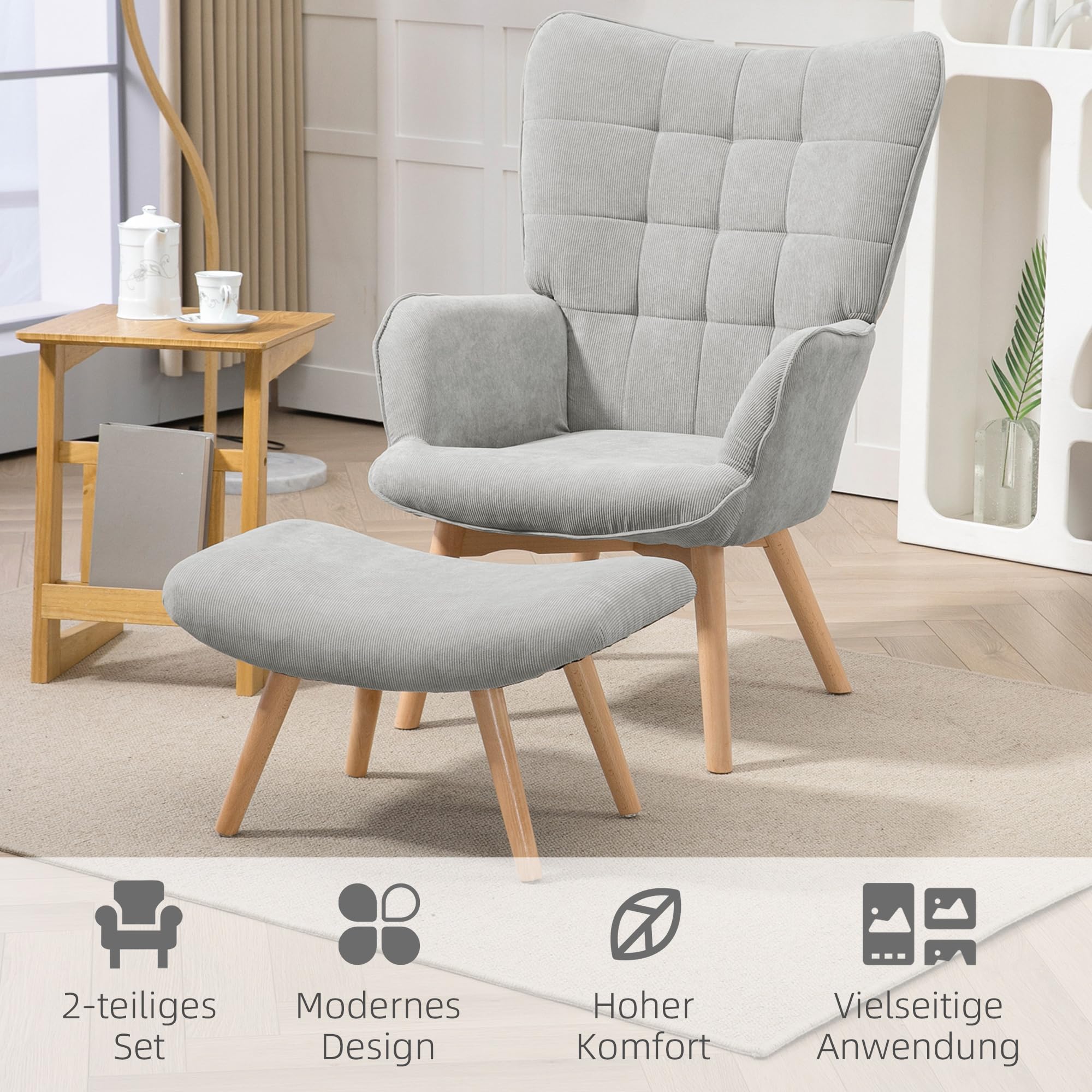 HOMCOM Ohrensessel mit Hocker Sessel Loungesessel mit Cord-Optik, Modern Relaxsessel, Armlehnensessel Lesesessel für Wohnzimmer, Schlafzimmer, Grau