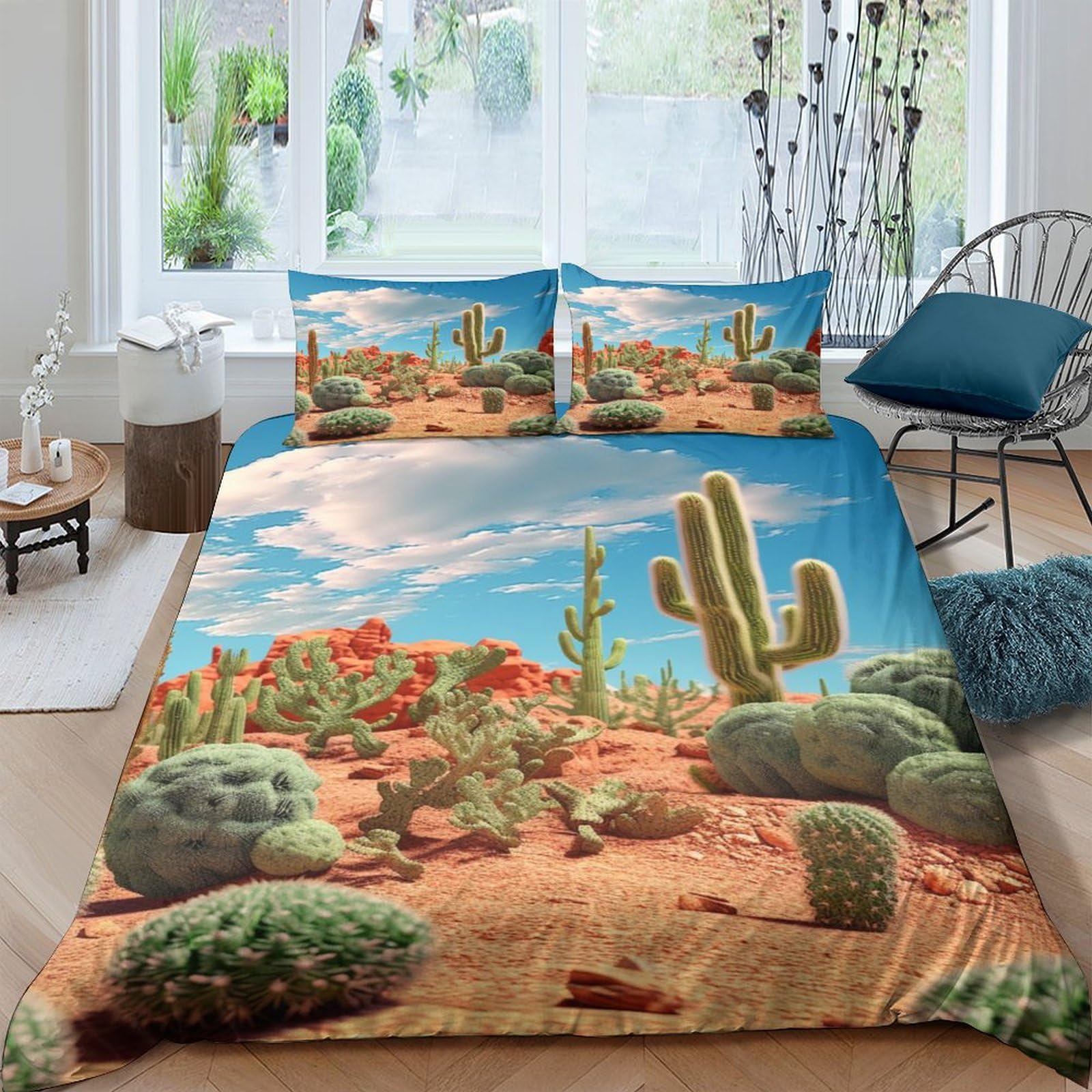 Parure de lit cactus King 220x240cm avec housse de couette imprimé botanique en microfibre