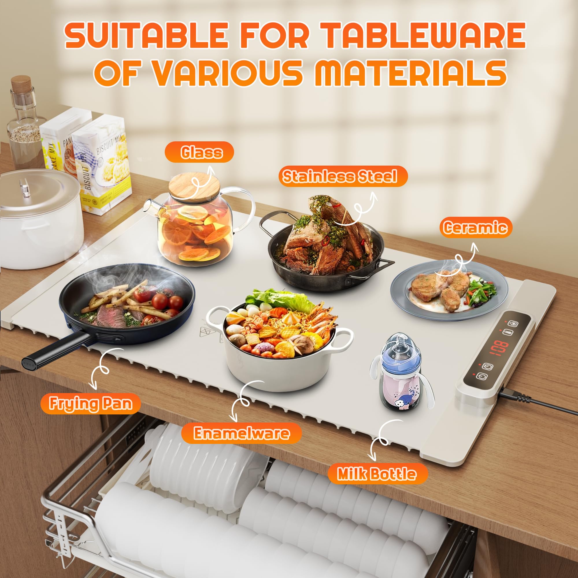 Warmhalteplatte für Essen, Schnellheiztablett, Tragbare Lebensmittelheizung, Mit Kinderschloss und Automatischem Abschalten, 5 Einstellbarer Temperatur Food Warmer für Backen Reisen Buffet Partys