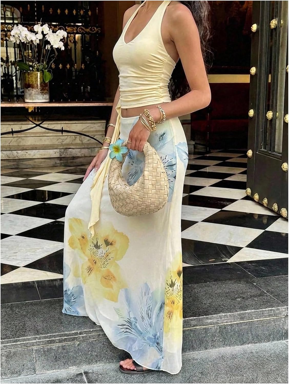 MakeMeChic Women's Beach Vacation Outfits Summer 2 Piece Set Halter Crop Top Floral Long Skirt Set