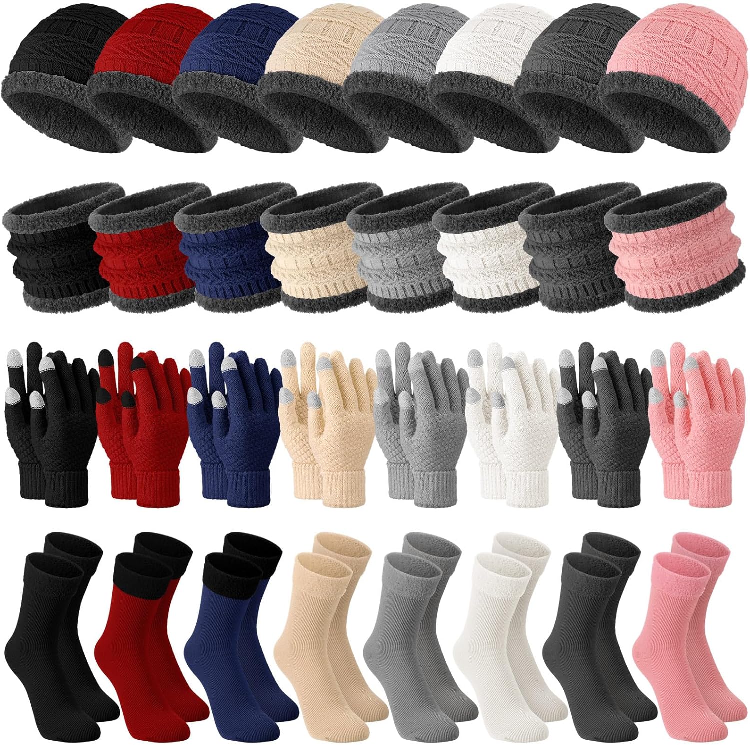 Wesiti 32 Pcs Valentine Winter Beanie Hat Scarf Gloves Sets for Women Warm Fleece Scarf Touch Screen Glove with Sock for Gift