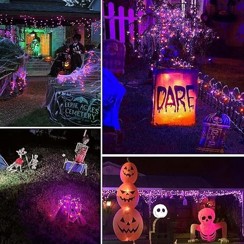 Miniatura 2 de Luces solares de Halloween naranjas y moradas impermeables para exteriores, cadena de luces solares de alambre negro, 8 modos, luces solares