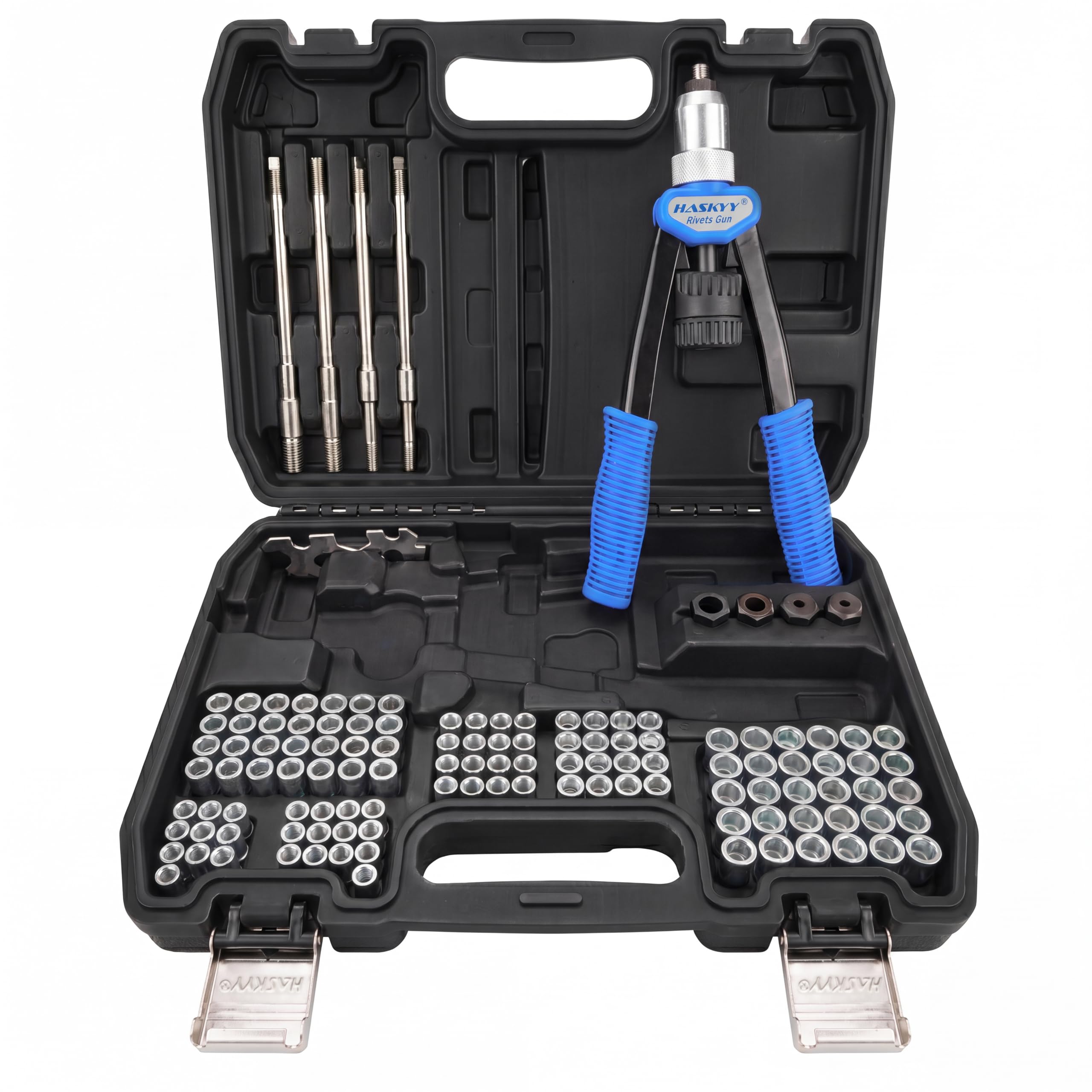 HASKYY Kit profesional de remachadora para tuercas remachables (Rivnut) + 150 tuercas de acero -M5/M6/M8/M10/M12 (30 uds cada medida)