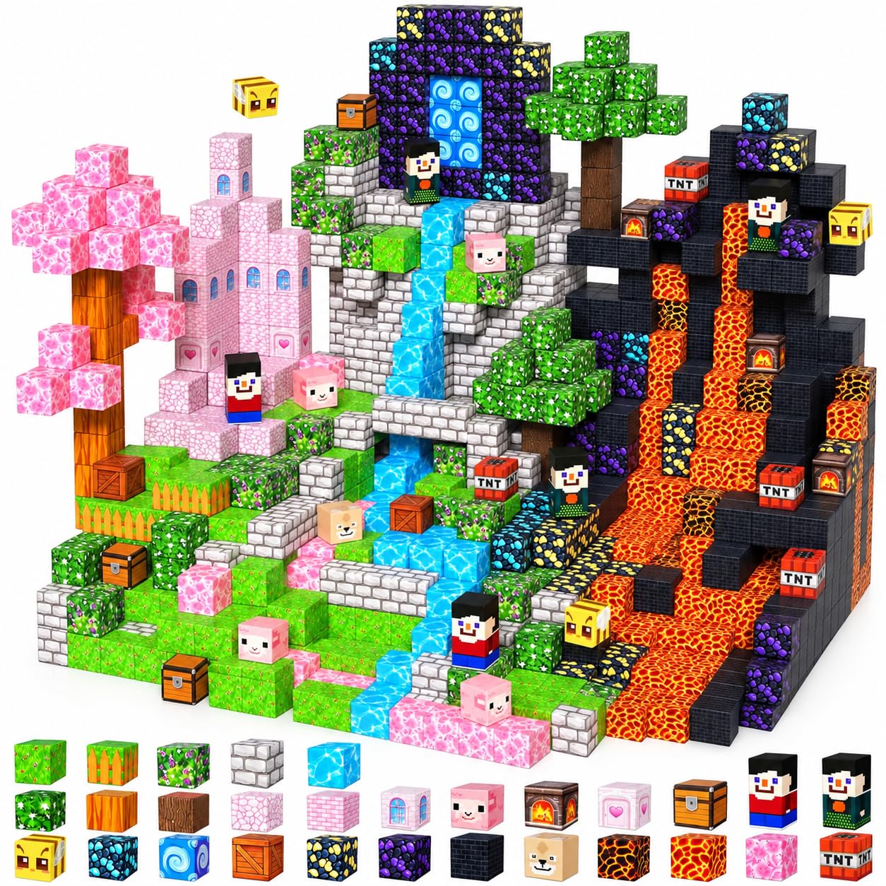 GraceDuck Magnetische Bausteine, 200 Teile Magnetbausteine Bauen Dark Forest & Pink Castle, Magnetic Blocks Bauwelt Spielzeug für Jungen und Mädchen, Magnetblöcke Geschenke für Kinder ab 3-9 Jahren