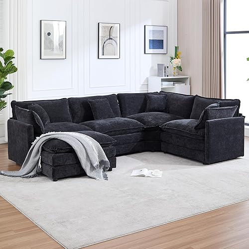 Miniatura 8 de Sofá modular Cloud seccional moderno de felpilla en forma de L con otomana y almohadas, sofá esquinero de asiento profundo de 5 plazas para sala de