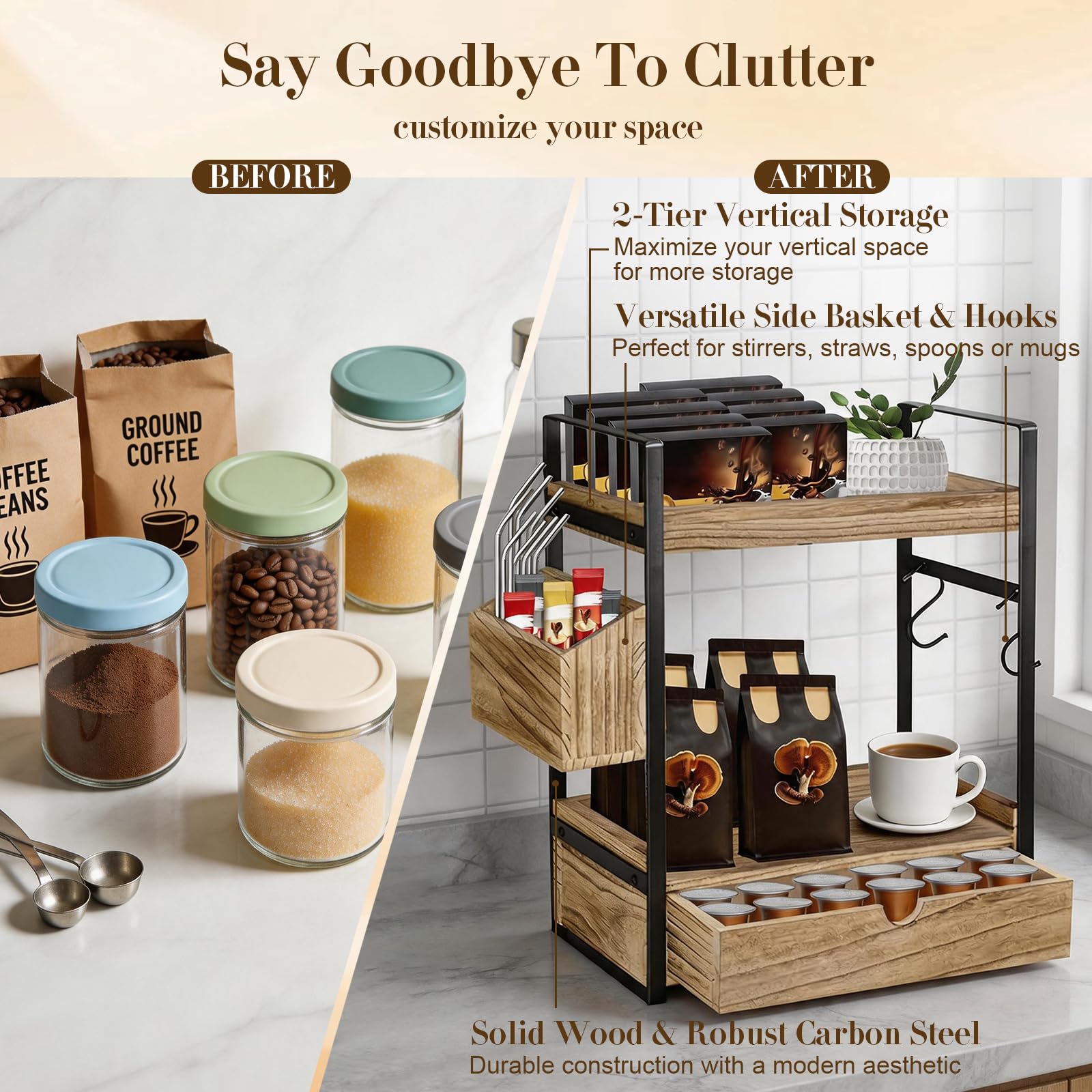 Organizador de estación de café, organizador de barra de café de 3 niveles con cajón de cesta y ganchos para tazas, accesorios de barra de café de madera, organizador de estante de almacenamiento para