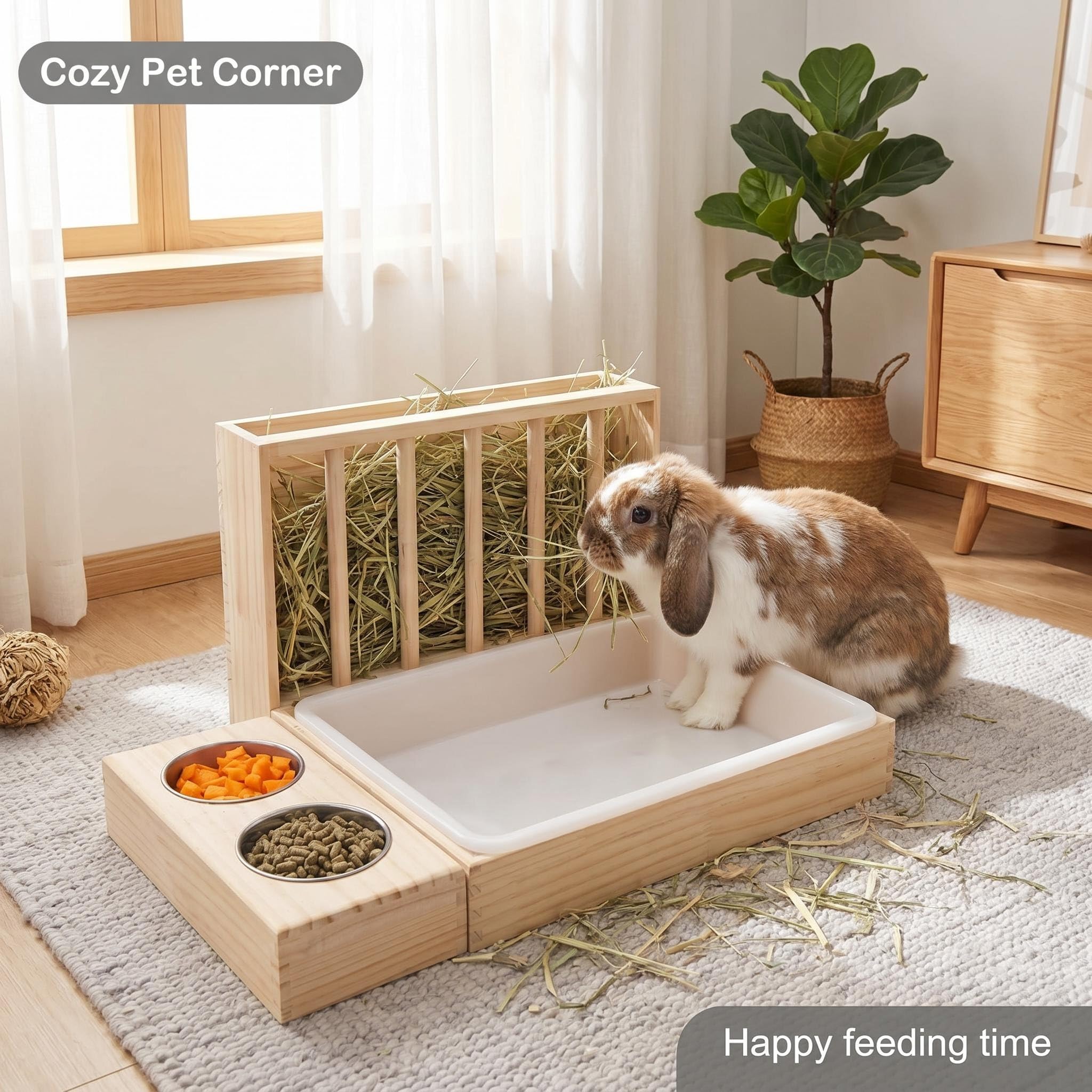 Caja de Arena para Conejos 3 en 1 de Madera con comedero de heno y Dos Cuencos de Acero Inoxidable, estación de alimentación Desmontable para cobayas, Conejos Enanos, hámsters, Chinchillas, Accesorio