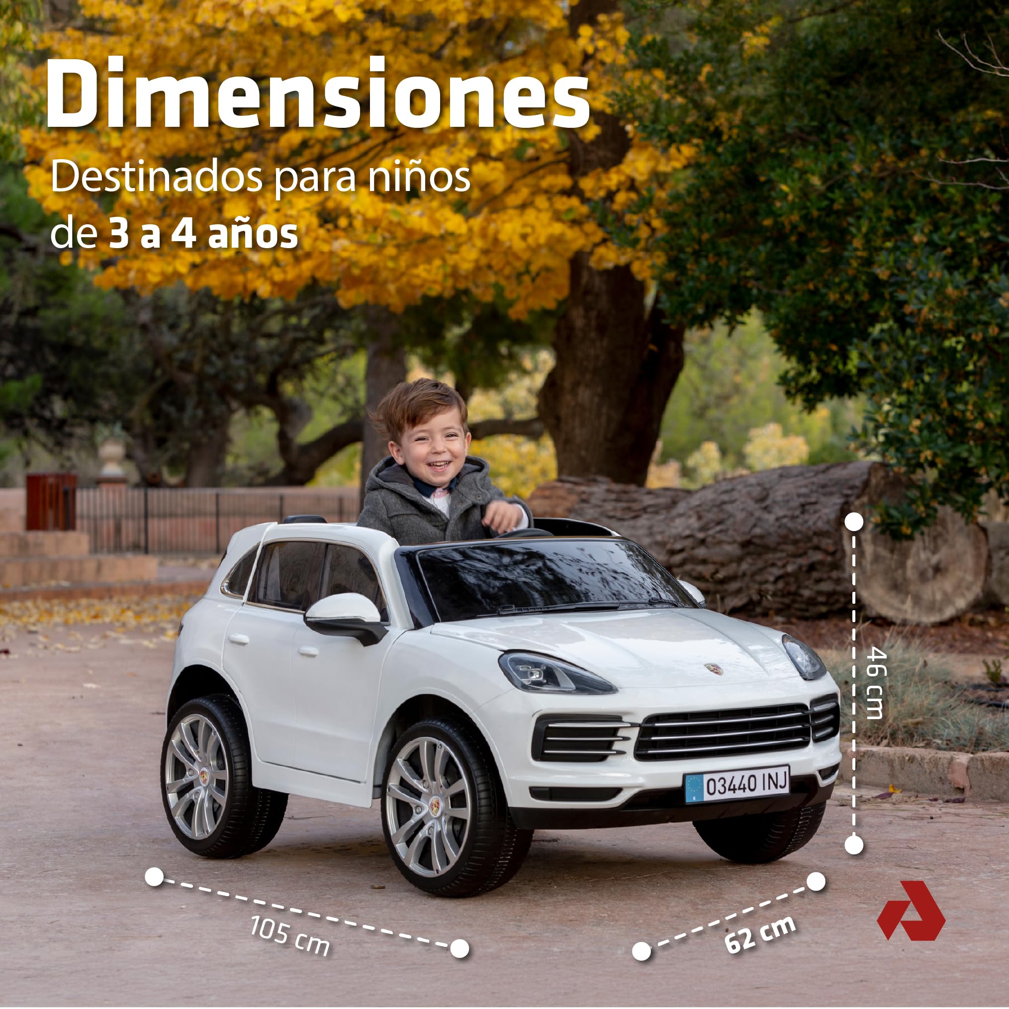 Coche Eléctrico Niños 3 Años 4 Años Porsche Cayenne 12V Blanco – Coche Batería Niños con Radio Control - Luces - Sonidos - Marcha Atrás - Apertura de Puertas - Licencia Porsche - 6 km/h – INJUSA