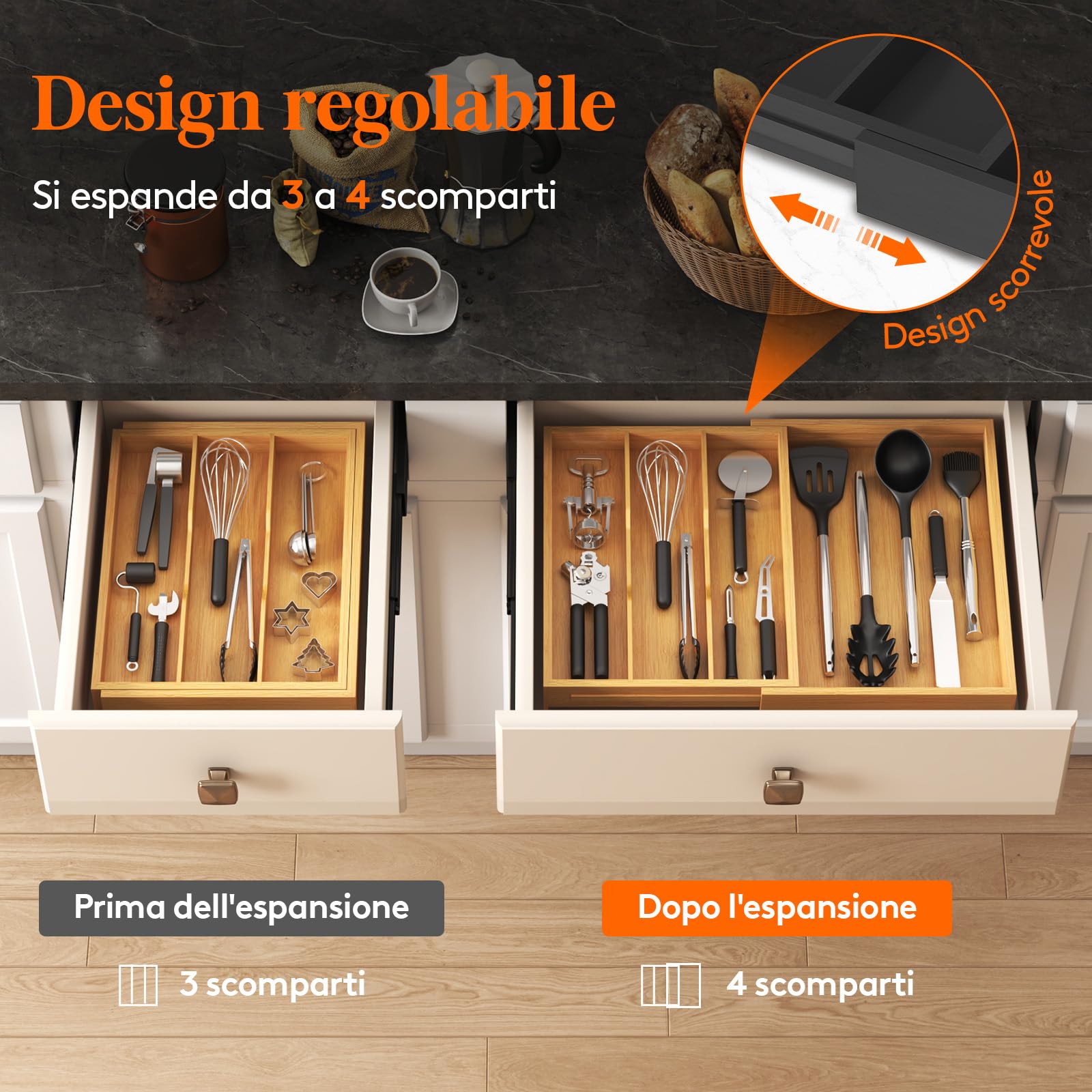 Lifewit Portaposate da Cassetto Espandibile da 3 a 4 Scomparti, Organizer Posate da Cassetto, Organizer Cucina in Bambù per Posate, Divisorio per Cassetti, Forchette, Coltelli, Cucchiai, Naturale