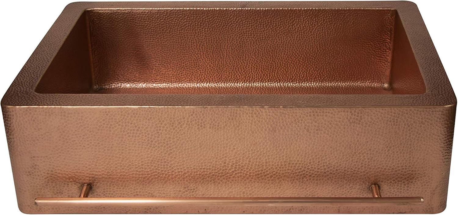 33x22 Inch 16-Gauge Hammered Copper Farmhouse Kitchen Sink - Handcrafted Apron Front Single Bowl Design - Drop-In with Matte Finish and Built-In Towel Holder