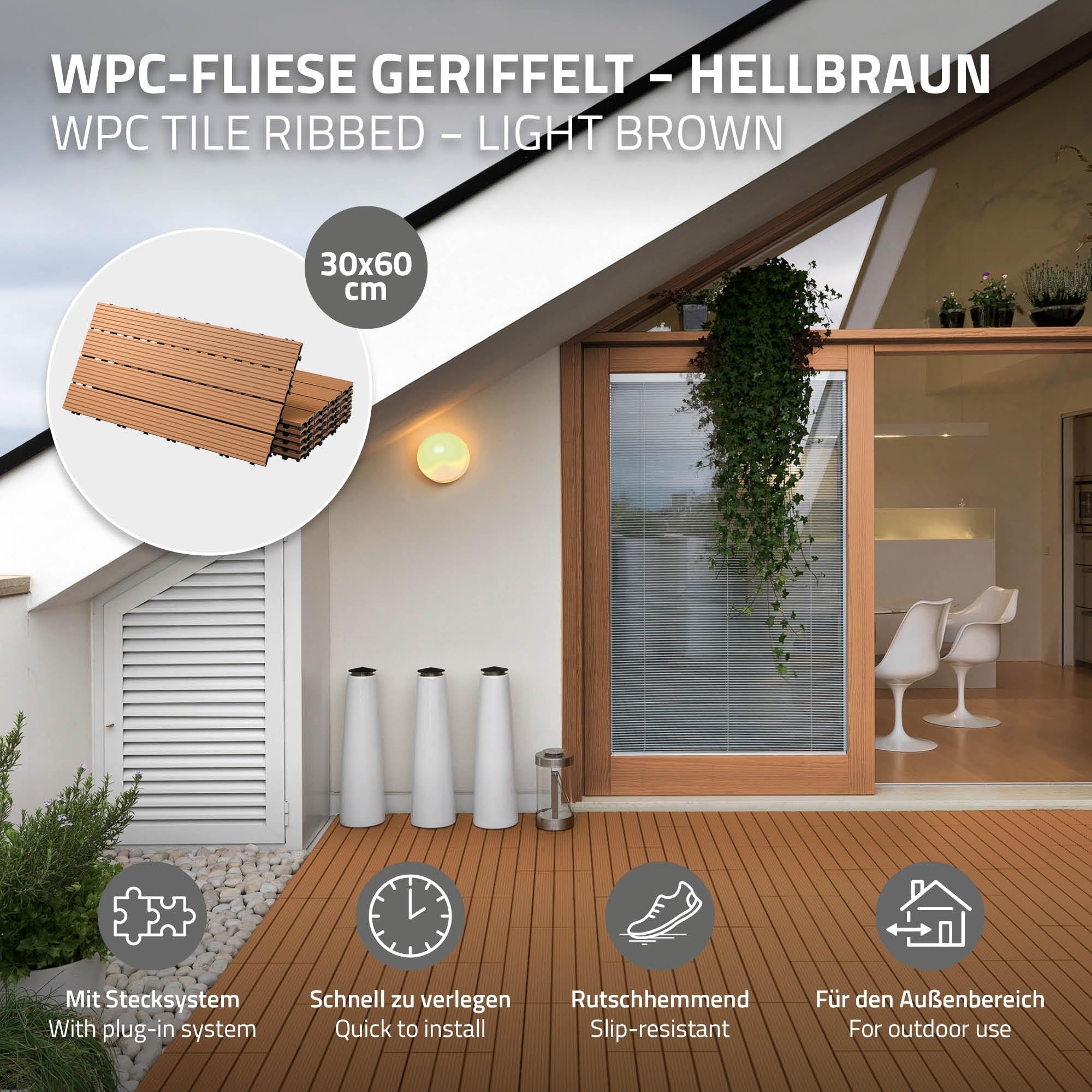 ECD Germany Dalles Terrasse Clipsables WPC 60x30 cm/6 pièces=1m² Marron Clair Strié Aspect Bois Panneaux avec Système à Clic et Drainage Revêtement de Sol Carrelage Lames Patio Jardin Extérieur