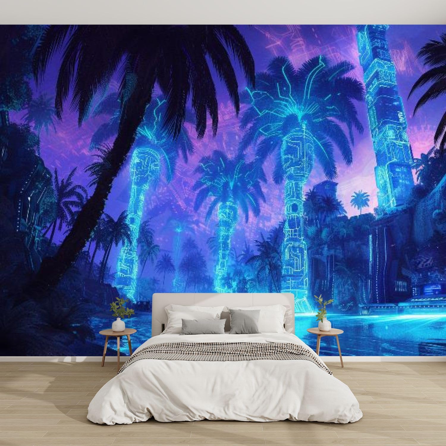 3D Modern Canvas Wallpaper Mural Stained Glass Palm Shore Beachscape Window Panel Peel and Stick Removable Self Adhesive Wall Stickers for Living Room Kids Bedroom Home Decor, 100x144inch