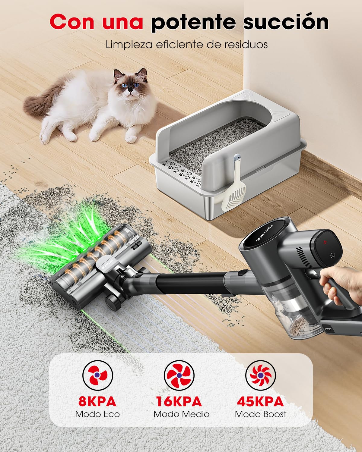Aspiradora sin Cable Potente Succión de 45 kPa 500W Hasta 60 Minutos de Autonomía Resistente a Enredos Aspiradora Escoba Recargable con Soporte de pared para Pelo de Mascotas y Suelos de Madera