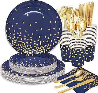 Xugoox Navy Blue Gold Party Supplies Golden Dot Disposable Dinnerware Set 2023 Graduation Party Supplies Serves 10 Guest Includes Plates, Cups, Napkins, Forks, Spoons, Knives for Wedding, Party, Birthday, Baby Shower, Graduation, Cocktail Party