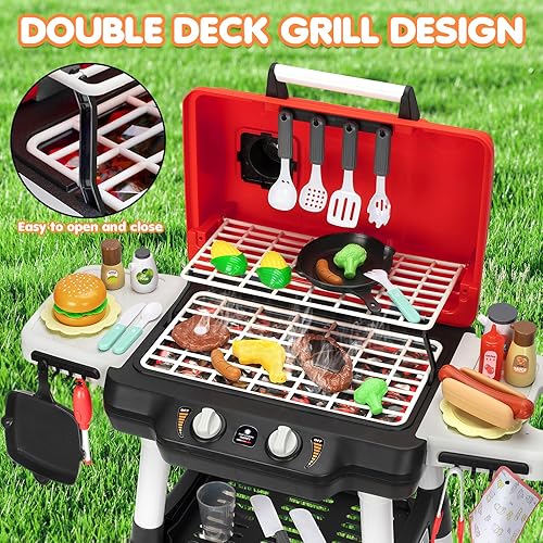 Miniatura 4 de Juguetes de cocina para niños, juego de parrilla de barbacoa para niños con luz de sonido de humo, juguete de barbacoa de 2 capas con rueda,
