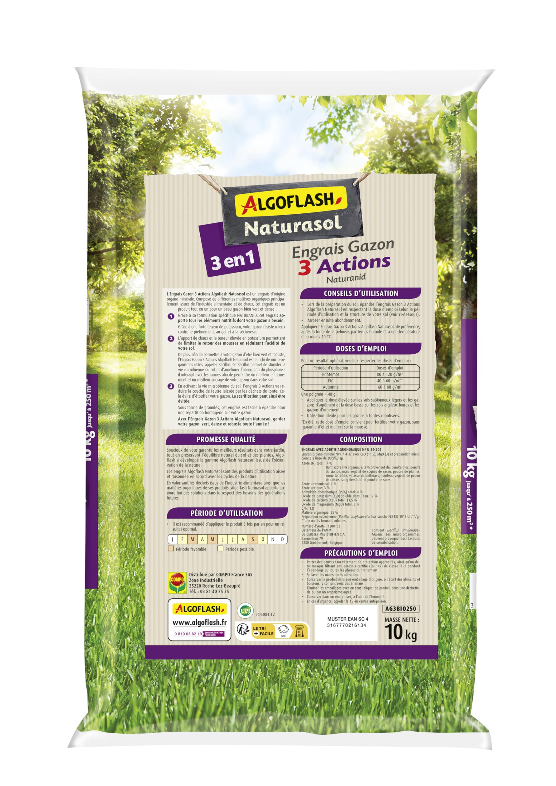BARRIERE A INSECTES Algoflash NATURASOL Fertilizante Césped 3 Acciones Naturanid, Césped Verde, denso y Robusto Durante Todo el año, 10 kg, AG3BIO250