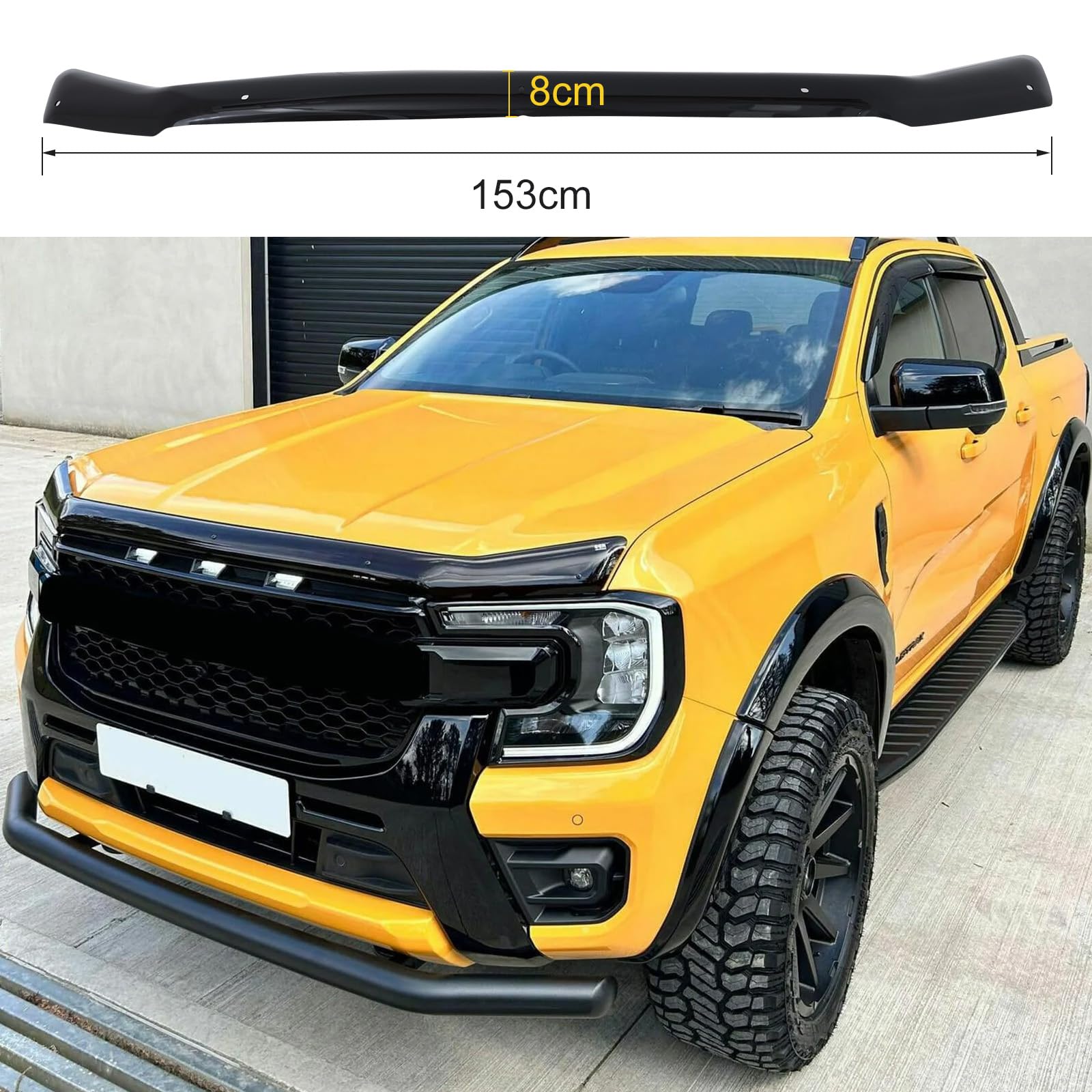 Motorhauben-Deflektor Insektenschutz für 2023–2026 T9 Ford Ranger Wildtrak, Raptor, XL, XLT, Limited, Tremor, Wildtrak X, Platinum, PMMA Acryl, UV-beständig, wetterfest, glänzend schwarz