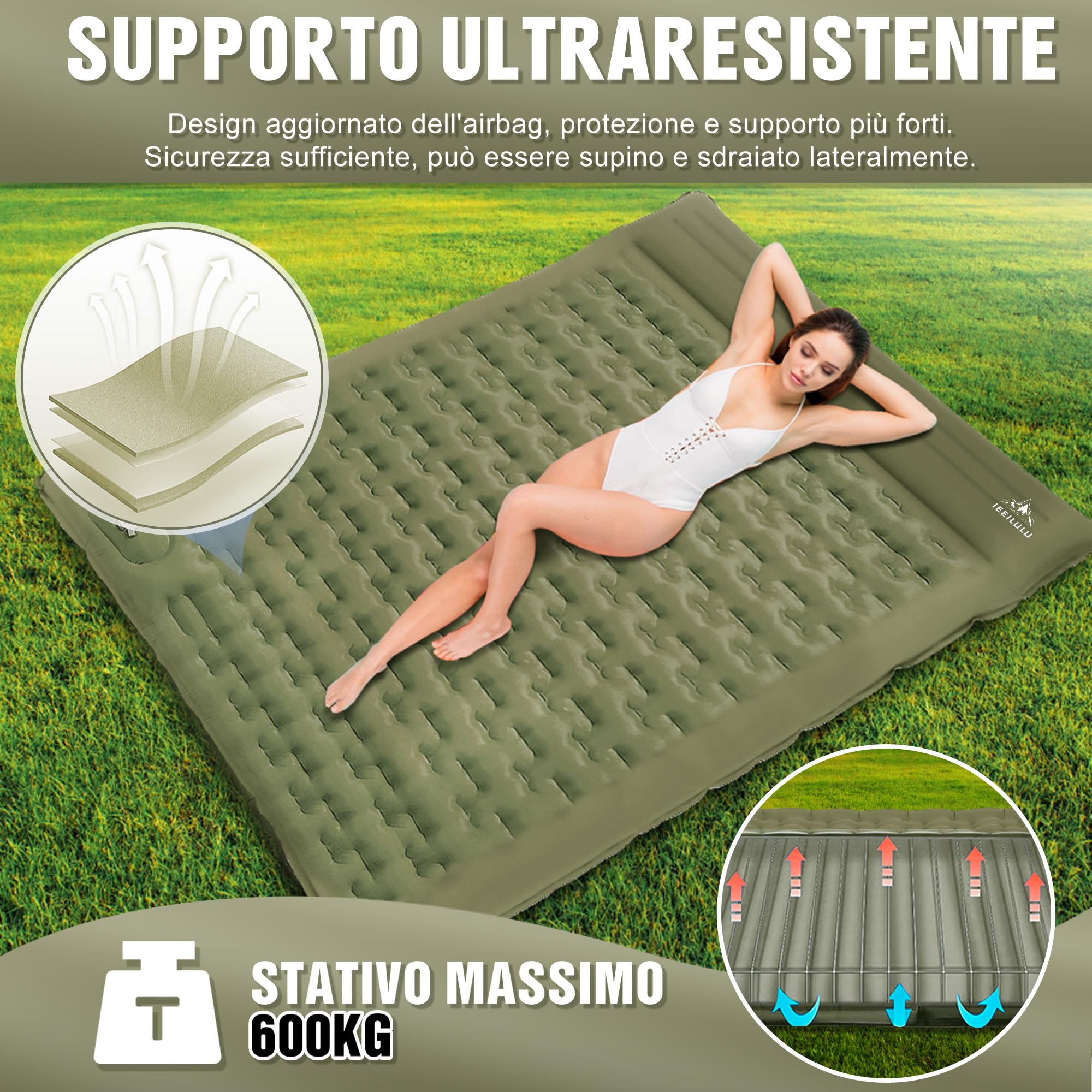 IEEILULU Materassino Campeggio, 196 * 140cm Materasso Gonfiabile Matrimoniale con Cuscino, Materassino Ultraleggero Autogonfiabile per 2 Persone Campeggio Backpacking Viaggio Spiaggia (Verde scuro)