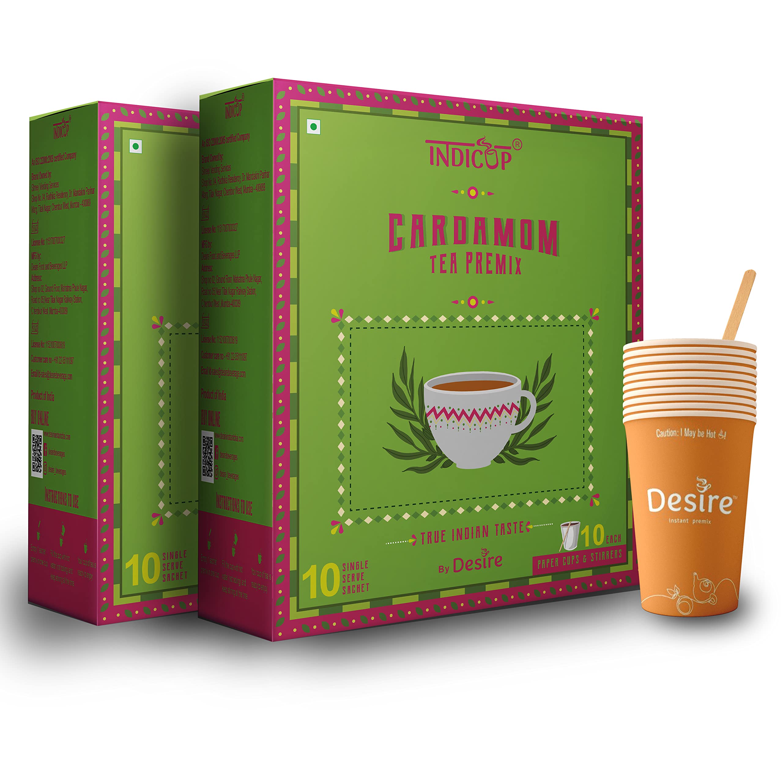 INDICUP Instant Premix Tea-Cardamom Flavor, 20 Sachets, Elaichi Chai Premix, Refreshing Taste, Sachets 1 Count (Pack 2)