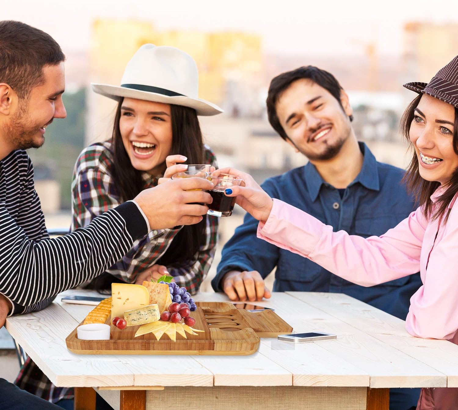 Bamboo Cheese Cutting Board Set - Flat Wood Serving Platter for Picnic Food or Wine, Rectangle Fruit and Meat Plate Kit w/Bowl, Closing Drawer Tray, 4 Stainless Steel Knives - NutriChef PKCZBD10