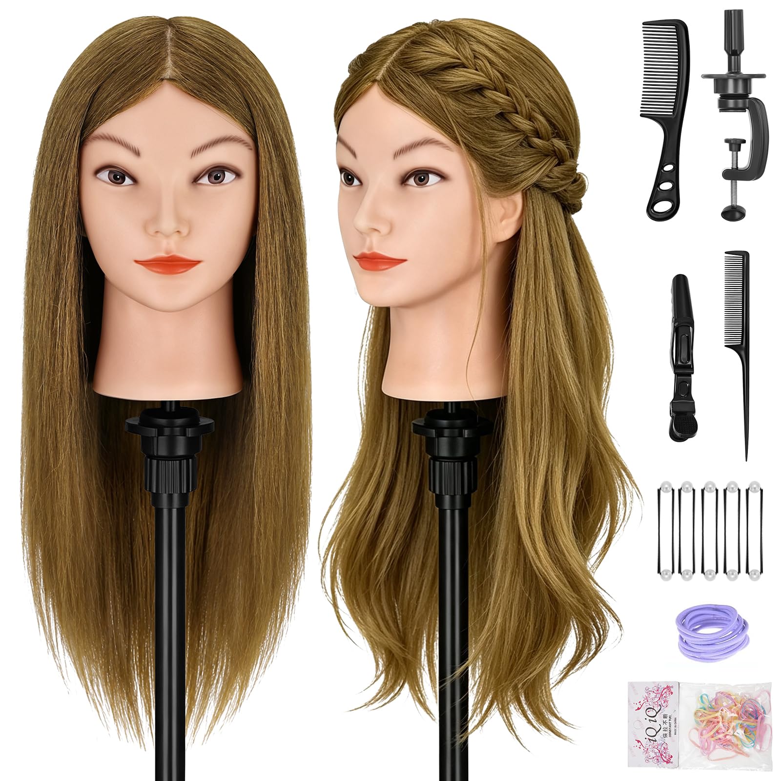 Yofuly Friseur-Trainingskopf, 45,7 cm, 100 % Echthaar, Manikin-Kosmetologie-Puppenkopf zum Flechten und Haarstyling, Übungskopf mit Tischklemme + DIY-Zopf-Set (Hellbraun)