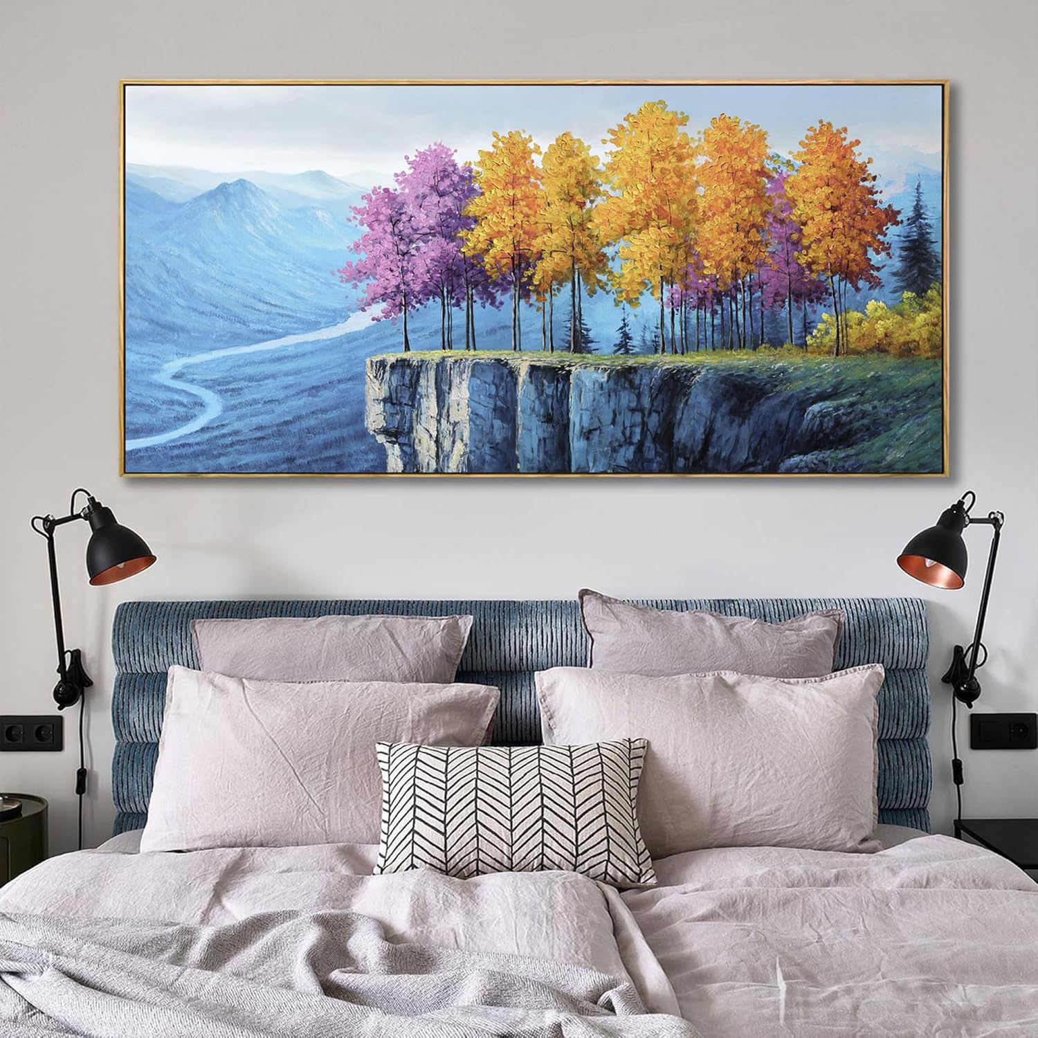 yiijeah Extra Large Canvas Wall Art Work for Wall Decor Living Room Mountain Pink Tree Landscape Picture Framed Paintings Artwork for Bedroom Office Home Decoration
