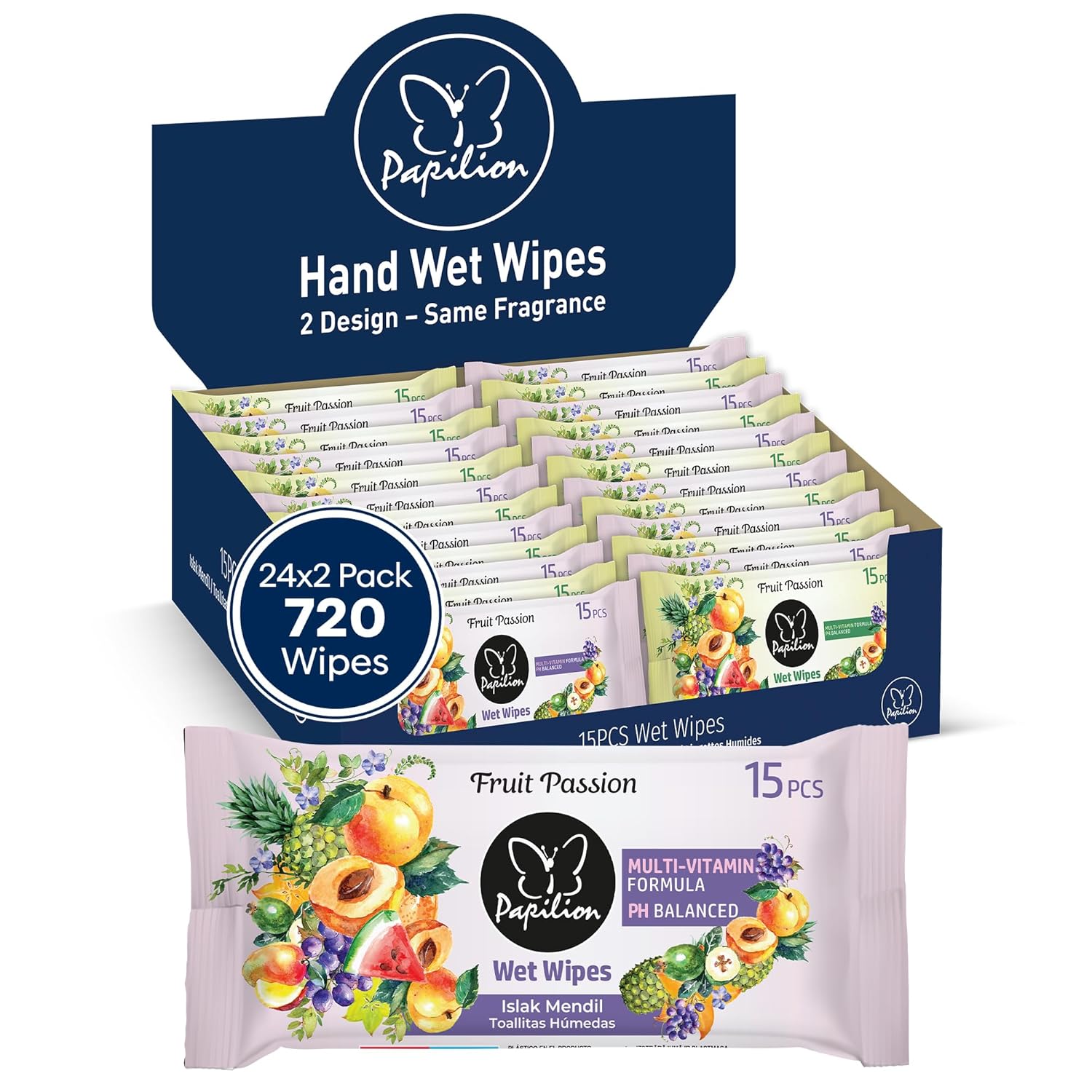 PAPILION Travel-Size Hand Wipes – 48 Pack (720 Wipes Total), Passion Fruit Scent | Gentle Cleansing Wipes for Kids & Adults | Compact & Resealable for Travel, School, On-the-Go Use