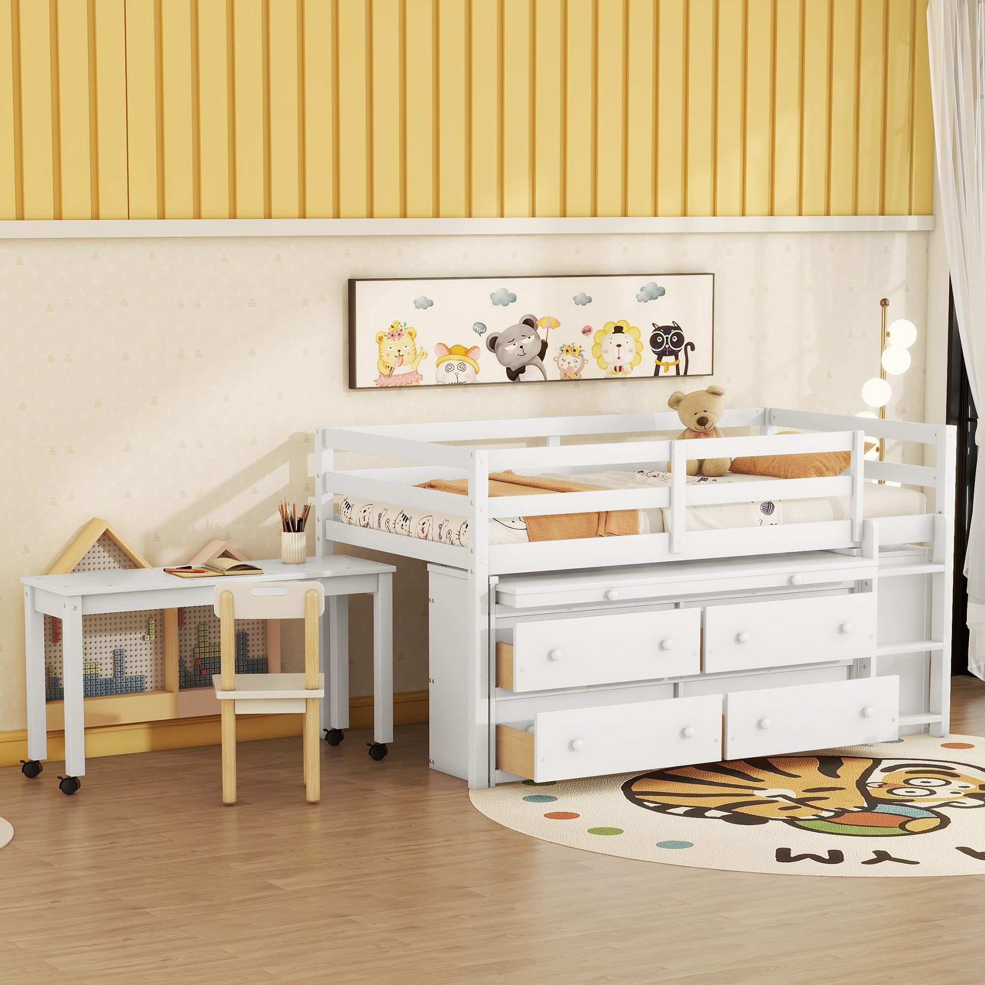 Diagram showing the dimensions of the Twin Size Loft Bed with retractable desk and drawers.