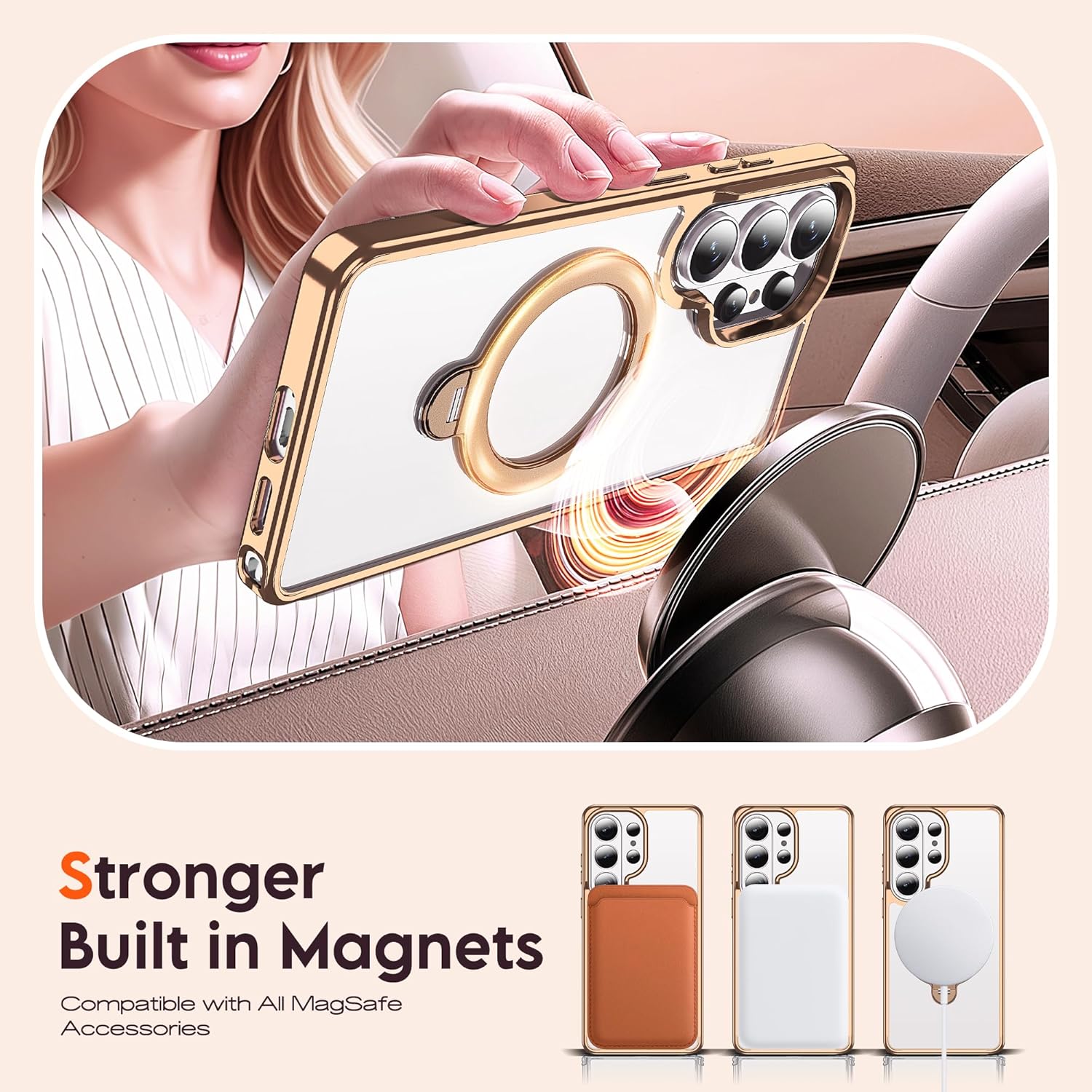 Compatible with Samsung Galaxy S26 Ultra Case with 360° Rotatable Invisible Ring Stand, Compatible with Mag-Safe, Great Grip Feeling Plating Clear Phone Case for Women Men, Brown