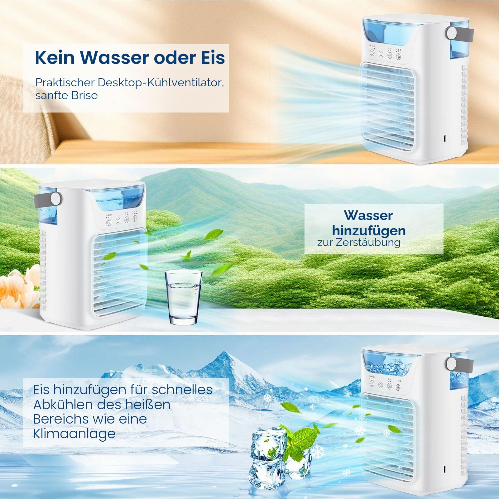 Tragbare Klimaanlagen, Luftkühler Luftbefeuchter mit Wassertank und Kaltnebel, Kühlventilator Unterstützung Automatisches Timing für Home Office Zimmer