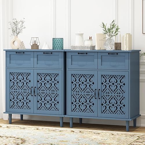 Miniatura 9 de Armario de almacenamiento de cocina con cajones - Armario decorativo con puerta tallada, aparador de piso buffet con almacenamiento, pequeña Azul_2