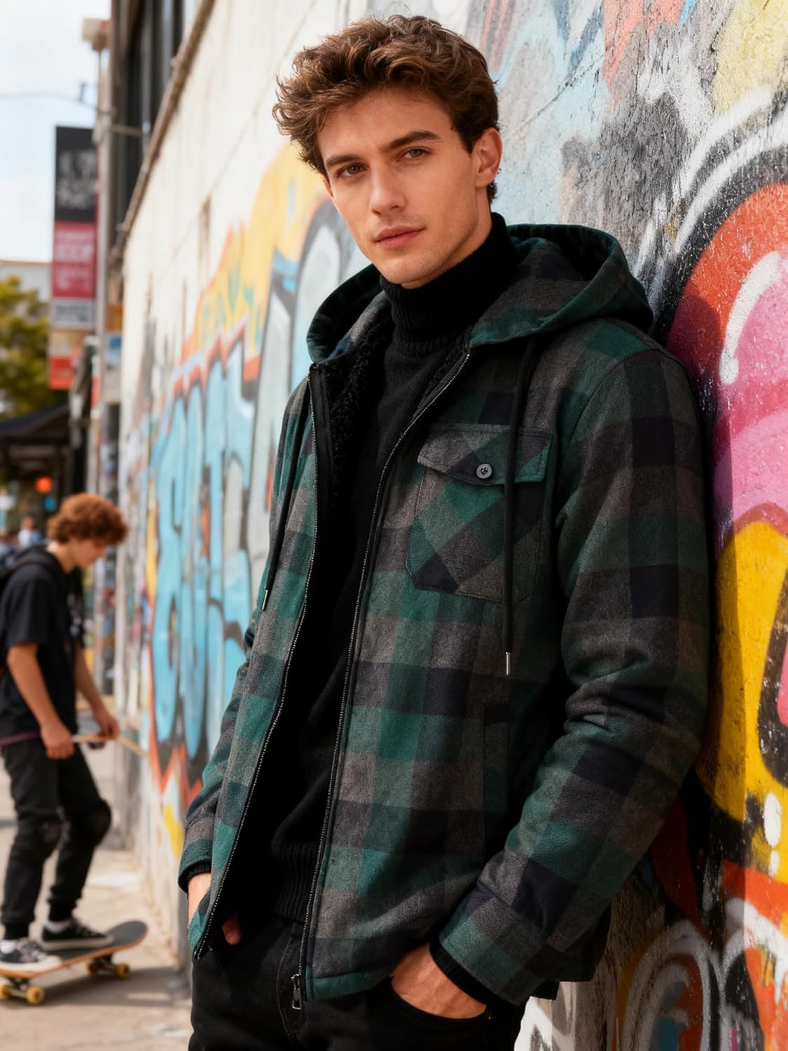 ZITY Mens Cotton Plaid Shirts Jacket Flannel Fleece Lined Hoodies Sherpa Zip Up Hoodie with Pocket - Image 6