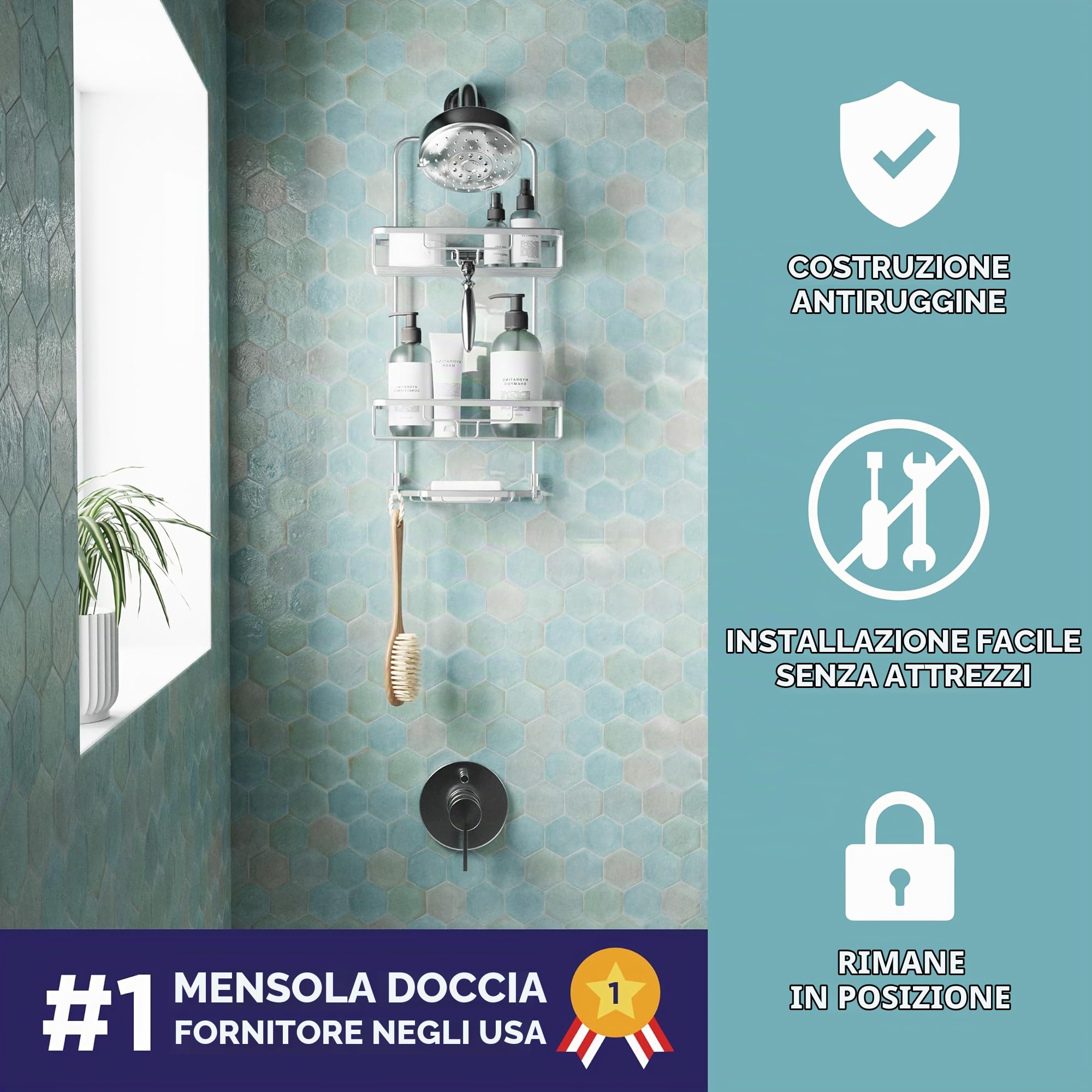 Zenna Home Mensola da doccia sospesa con 2 ripiani, portasapone, porta rasoi e ganci, in cromo satinato, antiruggine, senza fori, organizer per soffione doccia di alta qualità e rack per doccia da
