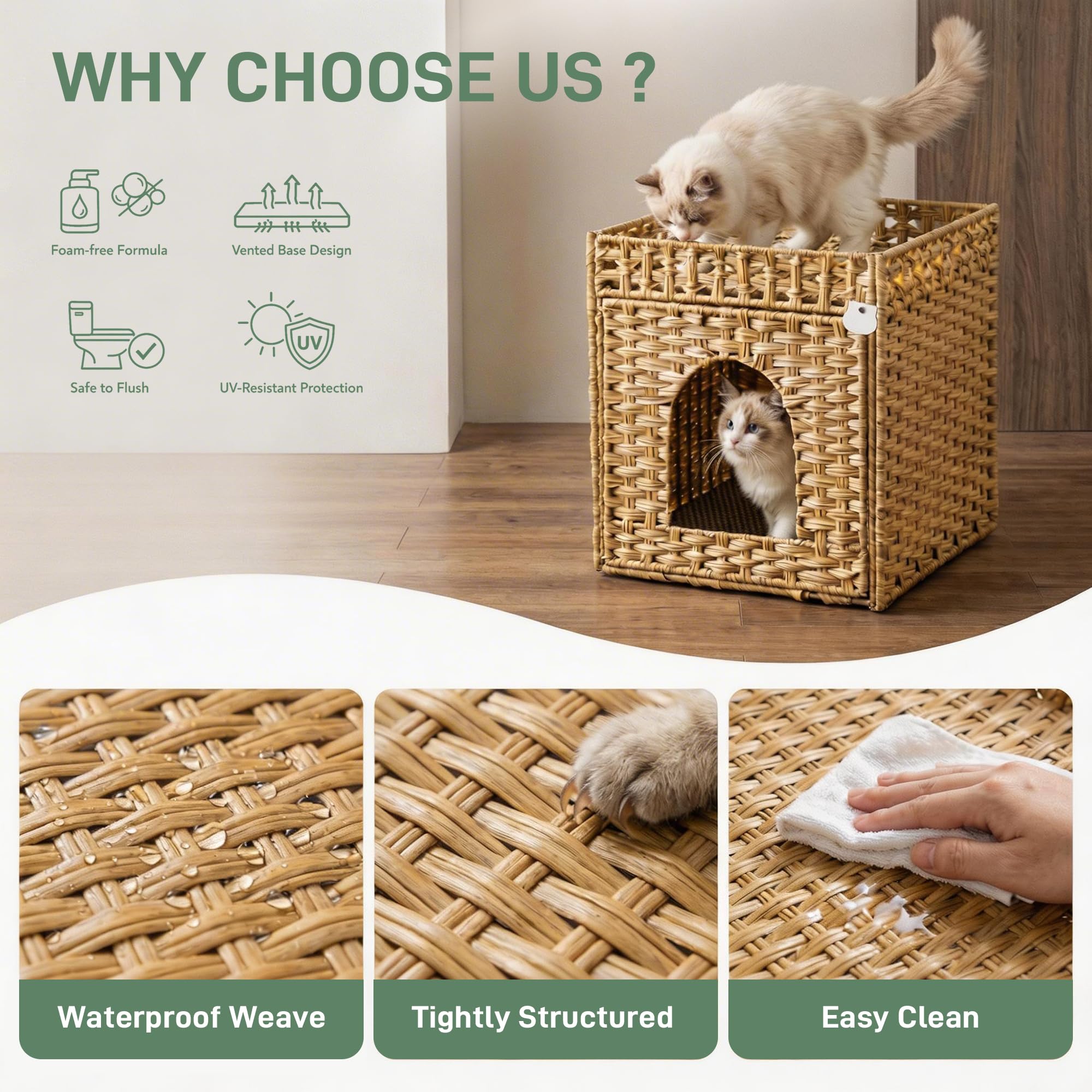 Cat Litter Box Furniture, Rattan Litter Box Enclosure Cabinet for Indoor Cats, Ventilated Covered Litter Box House, Decorative Litter Box Hider with Mat - image 6