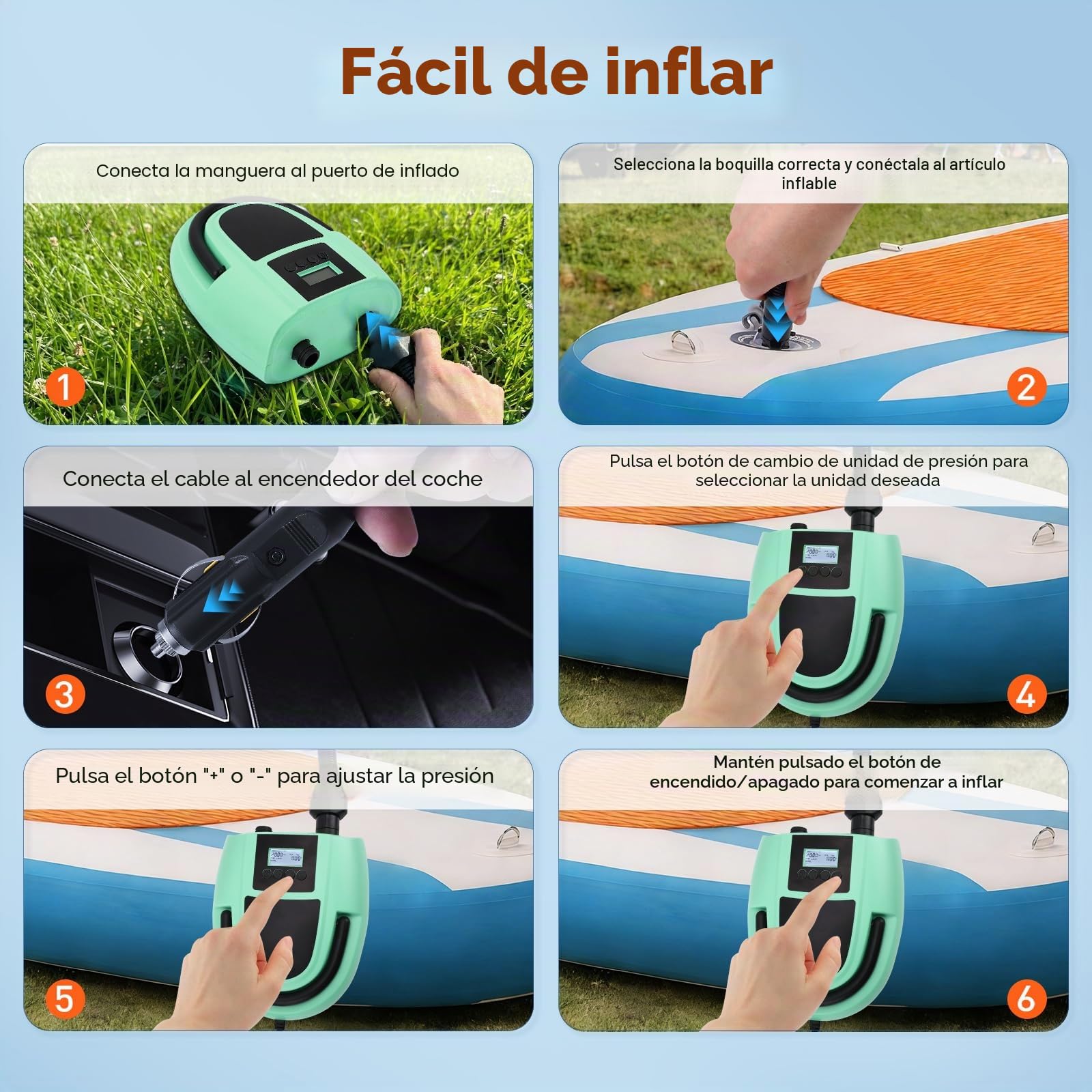 Bomba Eléctrica para Sup, Bomba de 12V con Apagado Automático, Presión Ajustable de 20PSI y Pantalla Digital, Bomba de Aire Eléctrica con 7 Boquillas para Botes, Colchones