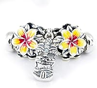 Vista 8 de Flor tropical roja y amarilla Plumeria Frangipani Flower Sterling Silver Charm Bead S925, Flor tropical hawaiana, flor tropical floreciente, flor
