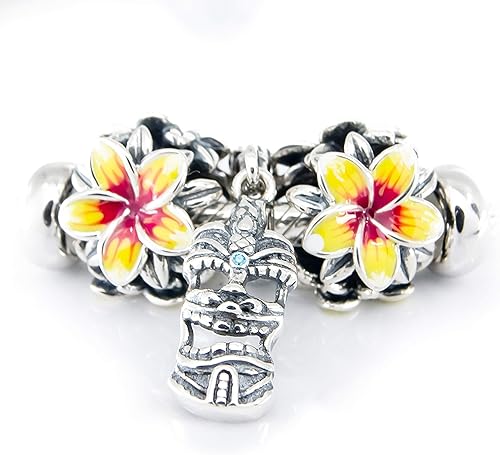 Miniatura 8 de Flor tropical roja y amarilla Plumeria Frangipani Flower Sterling Silver Charm Bead S925, Flor tropical hawaiana, flor tropical floreciente, flor de