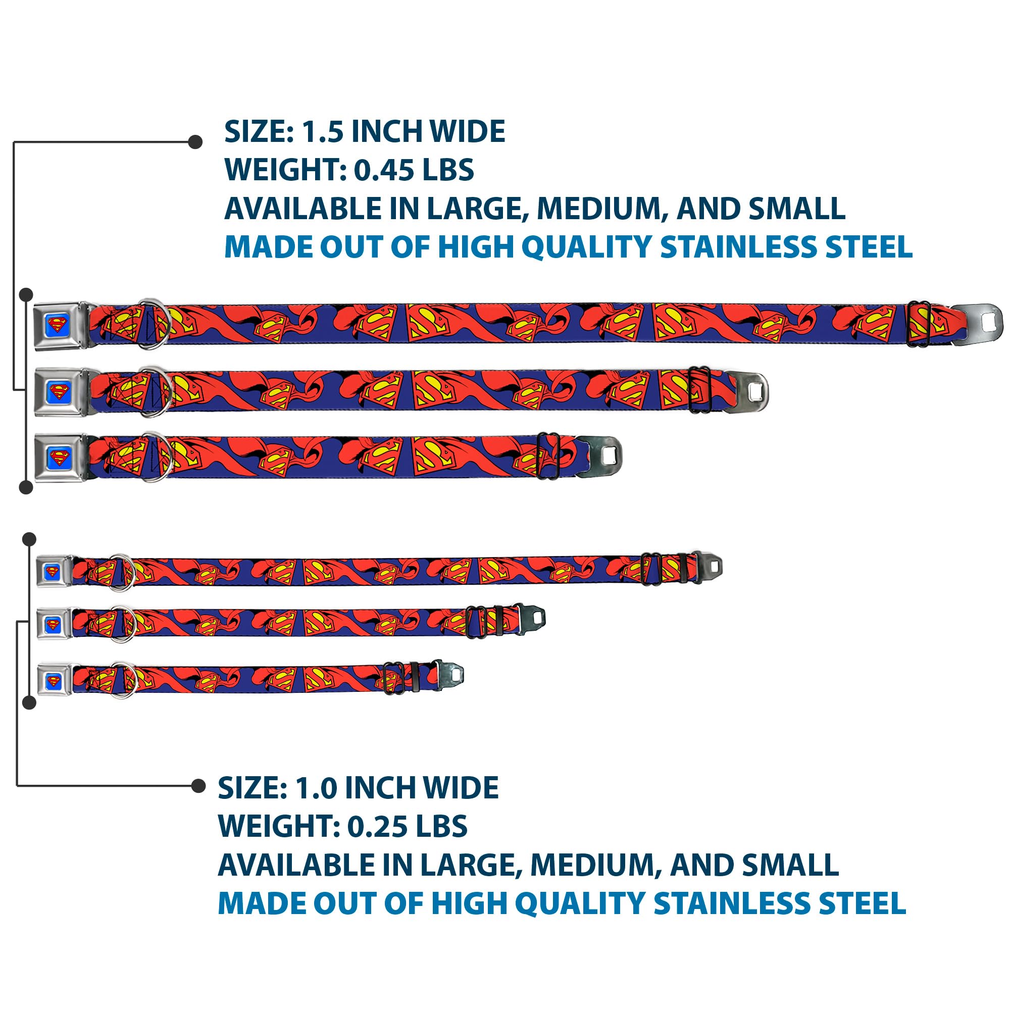 Buckle-Down Klamra pasa bezpieczeństwa obroża dla psa - Tarcza Supermana z peleryną - szerokość 3,8 cm - pasuje do szyi 40-58 cm - M