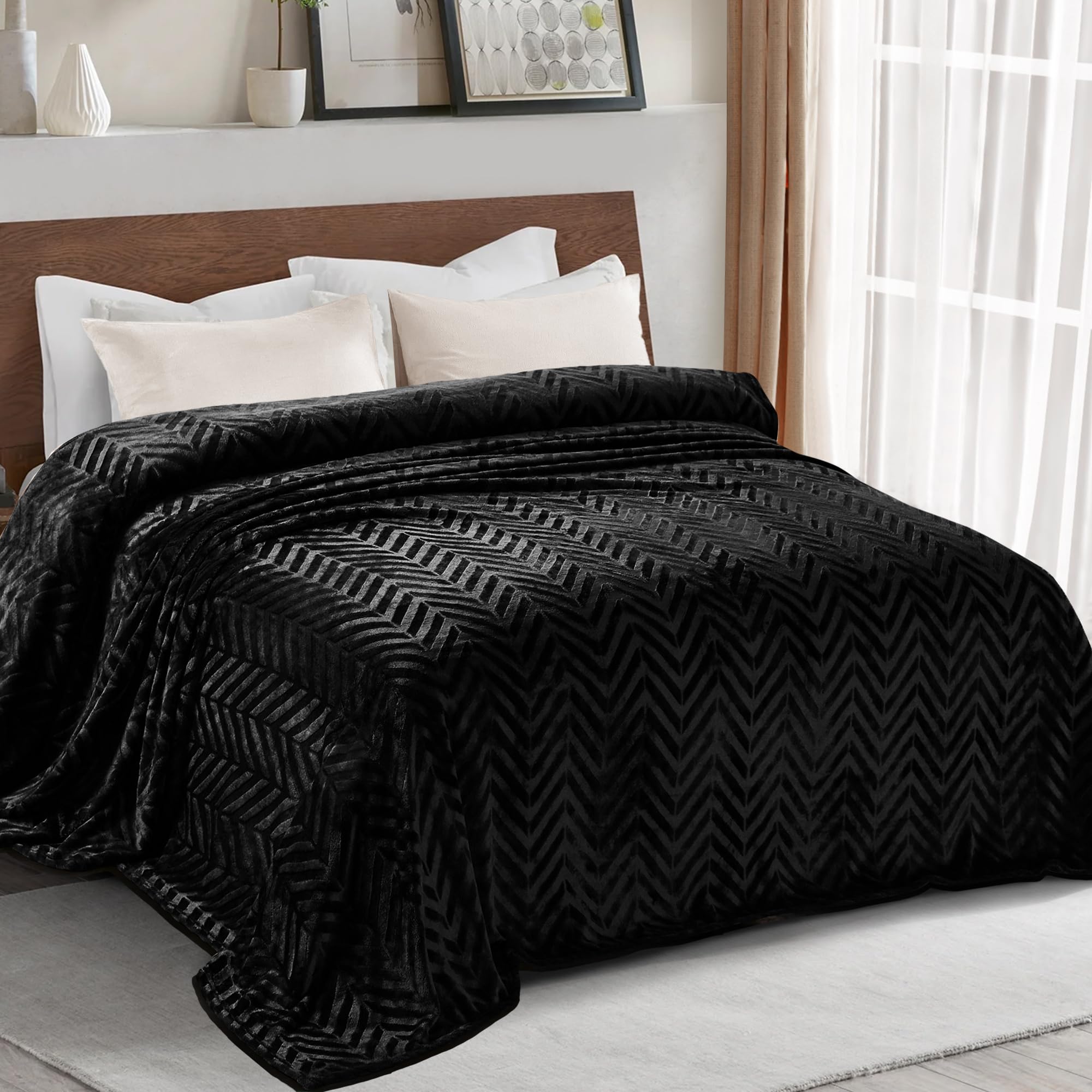 Whale Flotilla Manta para Sofá, Manta para Cama Suave, Franela Polar Cálida con Estampado de Chevron, Acogedora y Ligera para Todas Estaciones, 150 x 200 cm, Negro