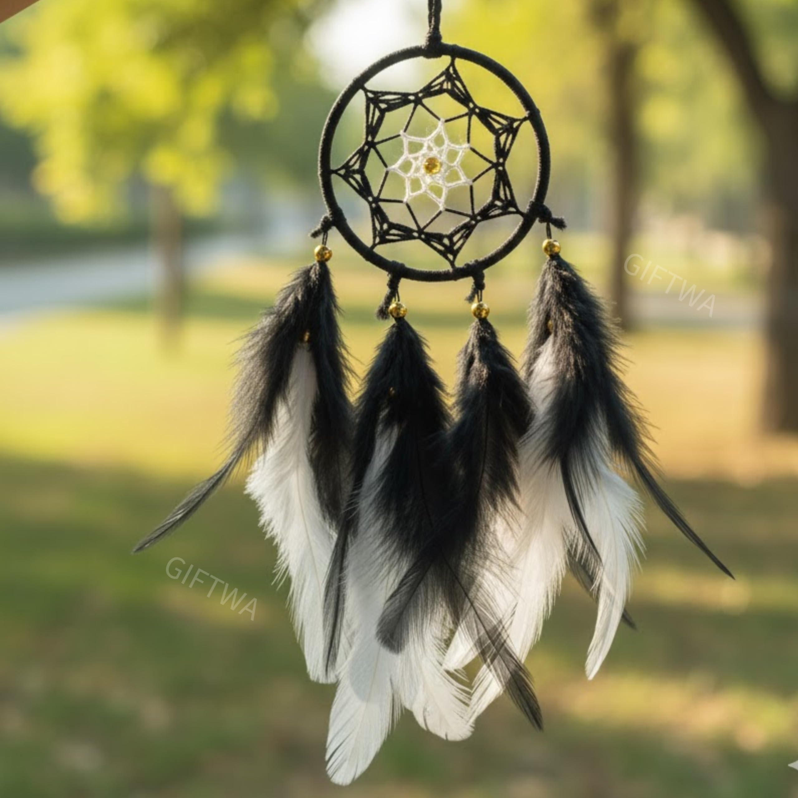 Black Dream Catcher 3 Inch with Black & White Mix Feathers – Mini Dreamcatcher for Car Hanging, Wall Hanging, Home Décor, Positive Energy Protection-image-6