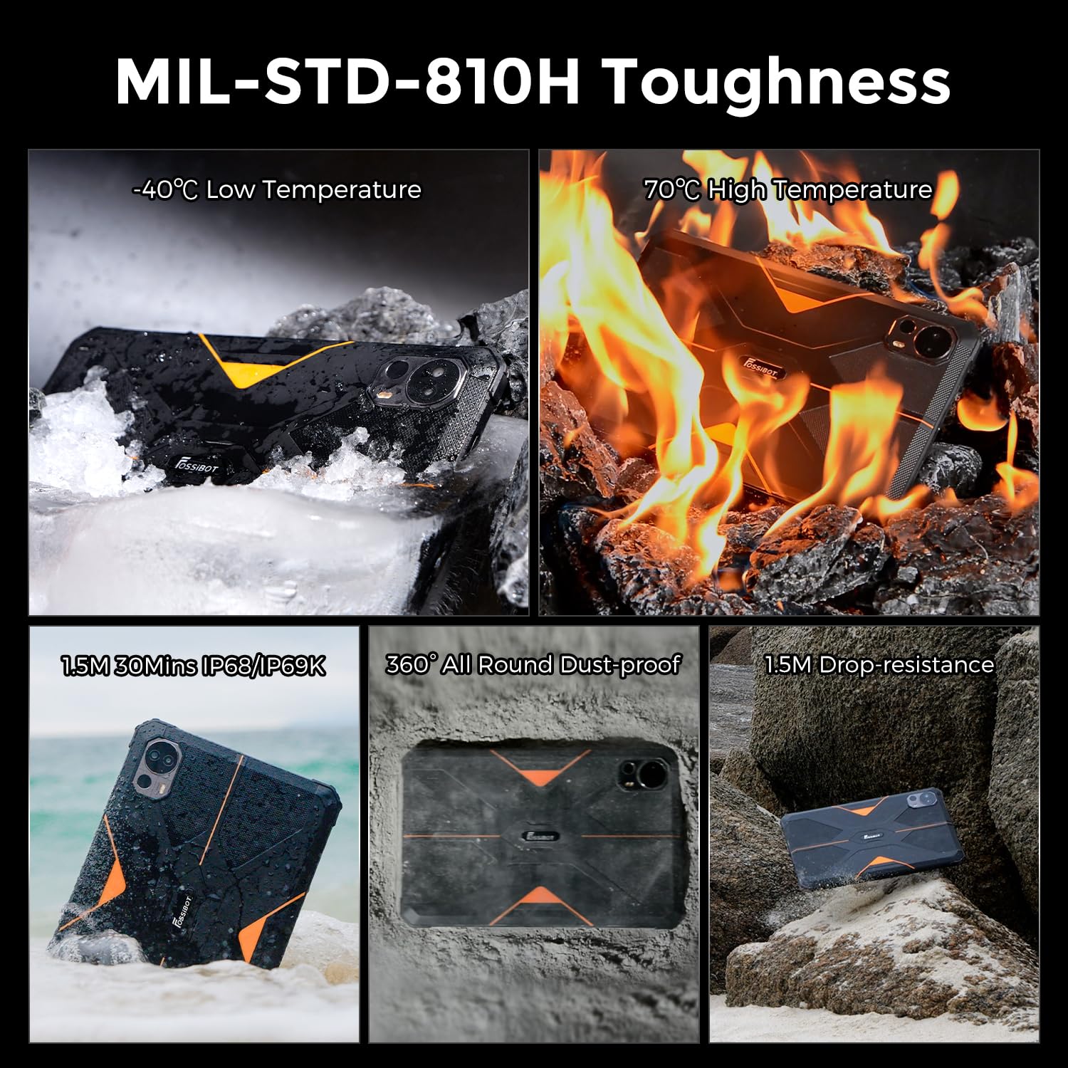 FOSSiBOT DT1 Rugged Tablet, Batteria 11000mAh, 16GB+256GB(1TB Extend), 48MP+16MP Fotocamera,10.4'' 2K Display Android 13 IP68 IP69K Tablet,Dual SIM 4G, 4 Stereo Altoparlante, GPS Arancione