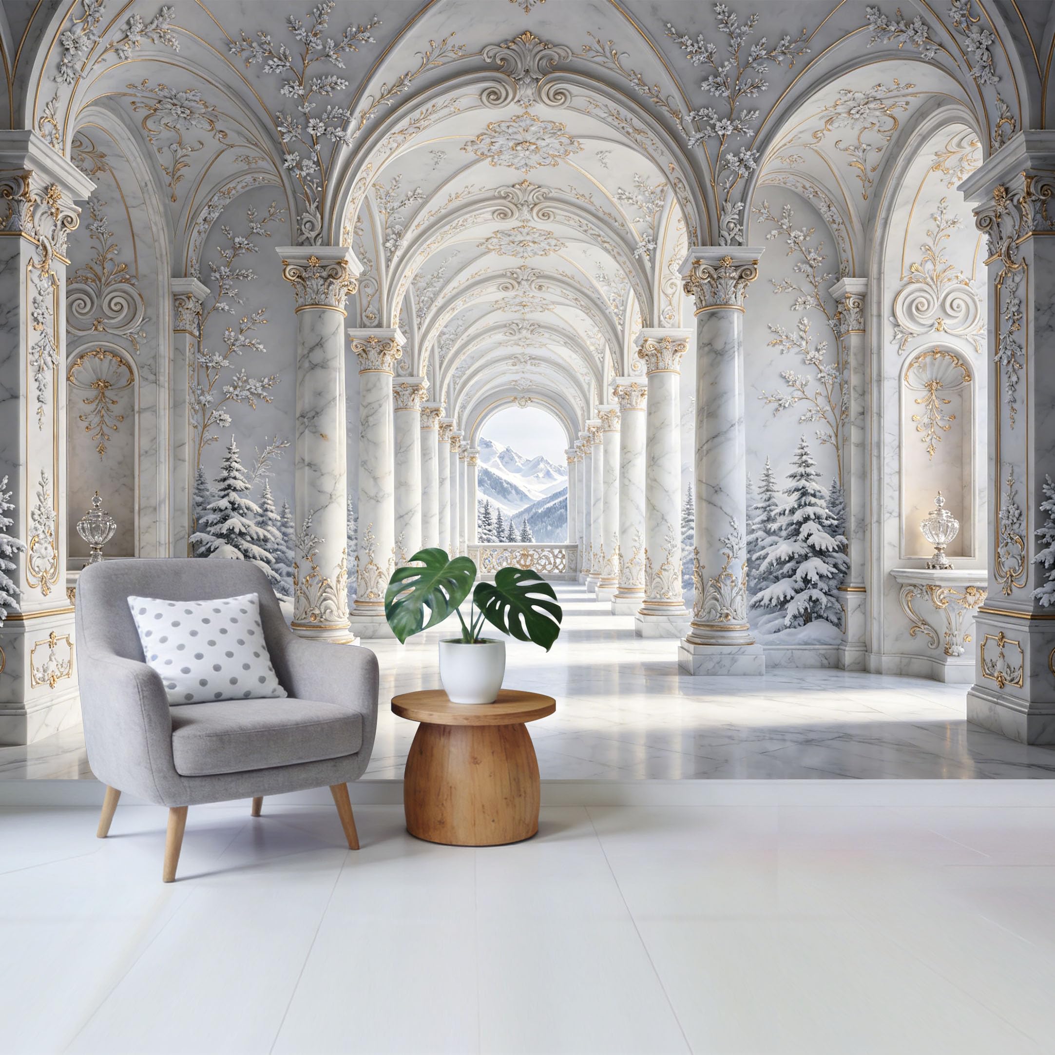 Removable Self Adhesive Fabric Mural， Neoclassical Marble Palace Archway Custom Size Wall Covering， UV Protected Waterproof Washable Wall Decor for Living Room Bedroom Bathroom
