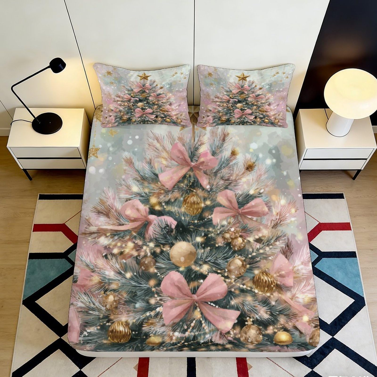 3D Printed Christmas Tree Fitted Sheet Microfiber Deep Pocket Non-Slip for Adults Bedroom Xmas Tree Mattress Fitted Cover 200x200x25cm 90x200x25cm
