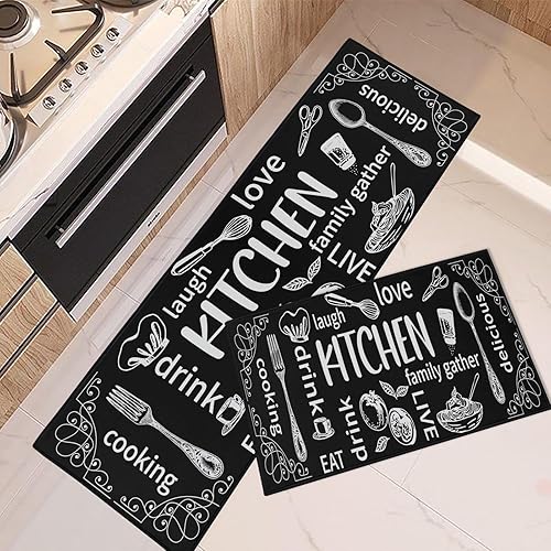 ArtSocket Juego de 2 tapetes de cocina antideslizantes y lavables, color negro, tapete moderno para debajo del fregadero y felpudo