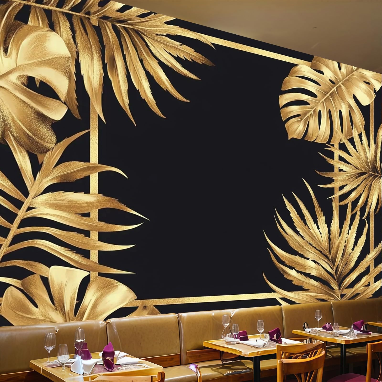 Fotomural de hojas de palma doradas para crear un salón moderno y dormitorio acogedor