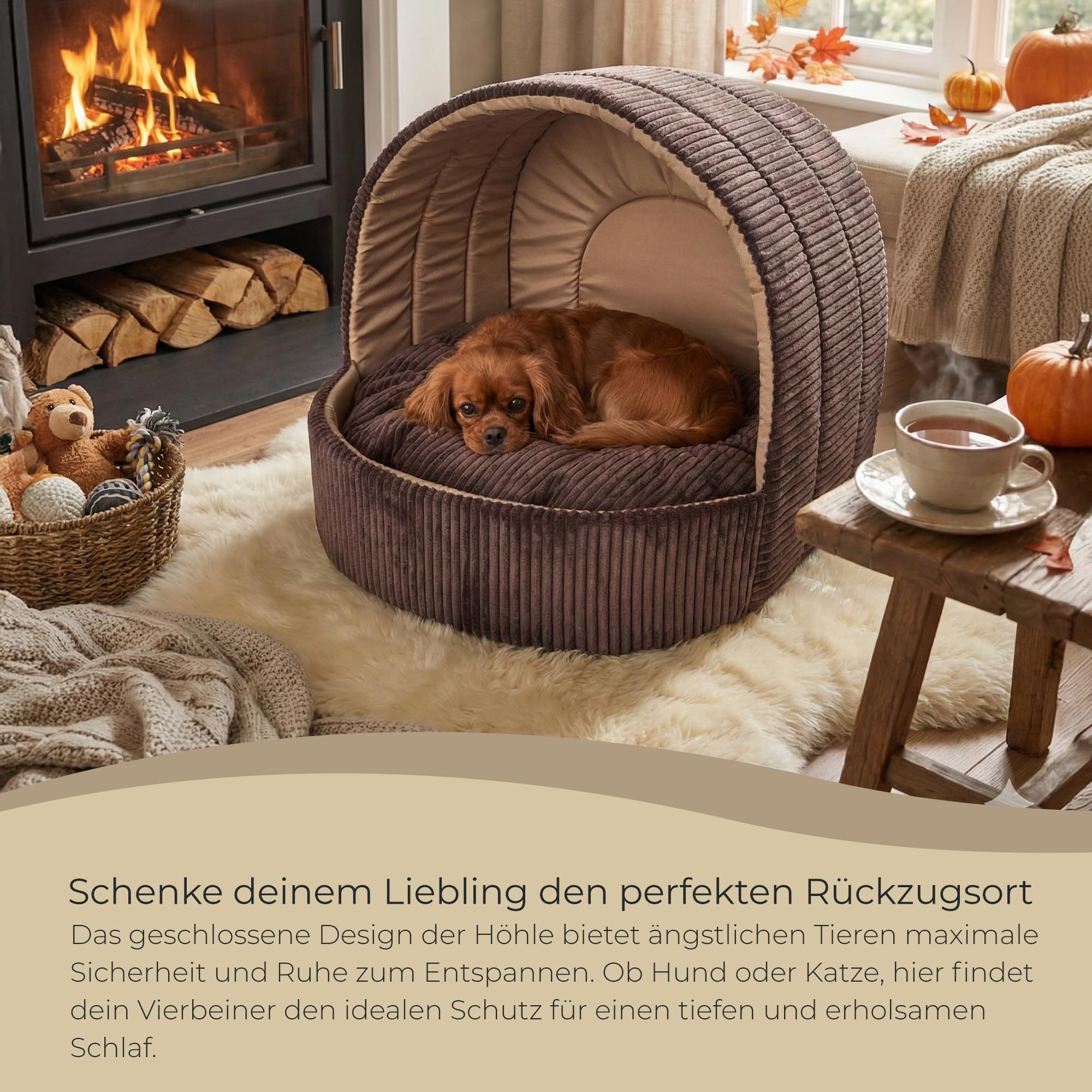 Hundehöhle und Katzenhöhle 63 x 53 cm - Weiches Hundebett und Katzenbett mit Cord-Struktur - Kuscheliger Rückzugsort für kleine Hunde, Welpen und Katzen - Braun