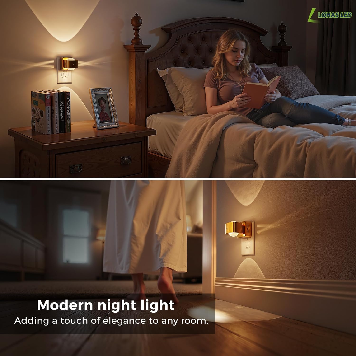 L LOHAS LED Night Light Projector, Night Lights Plug into Wall, Dusk to Dawn Sensor, Rotating Nightlight for Kids, Soft White Swivel Ambient Lighting for Bathroom, Gaming Room, Gifts,2 Pack