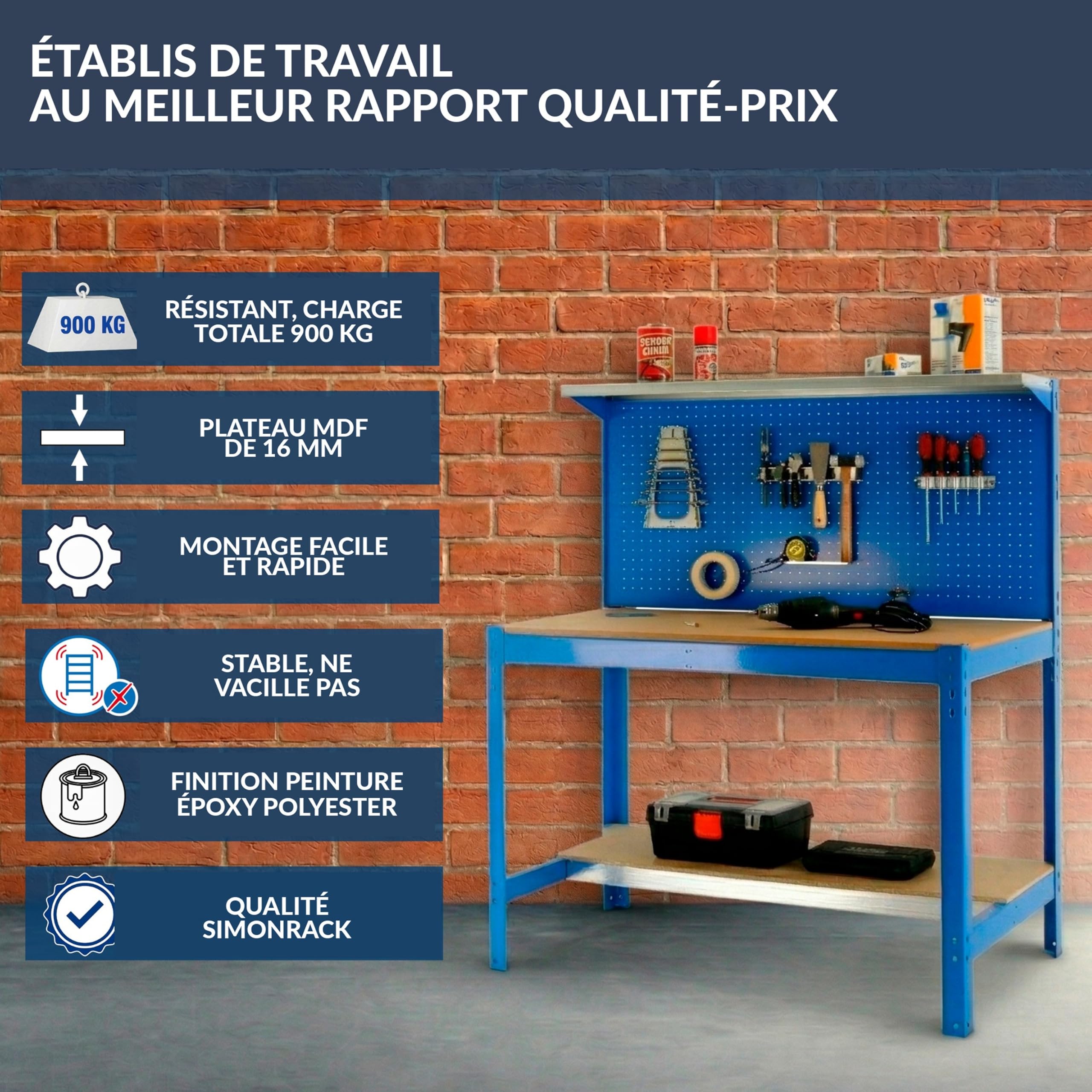 SimonRack Etabli d’Atelier, Capacité de Charge 600 kg, 1445x1210x610 mm, Panneau Perforé avec 1 Étagère, Table de Travail Bricolage, Bleu/Bois - BT3